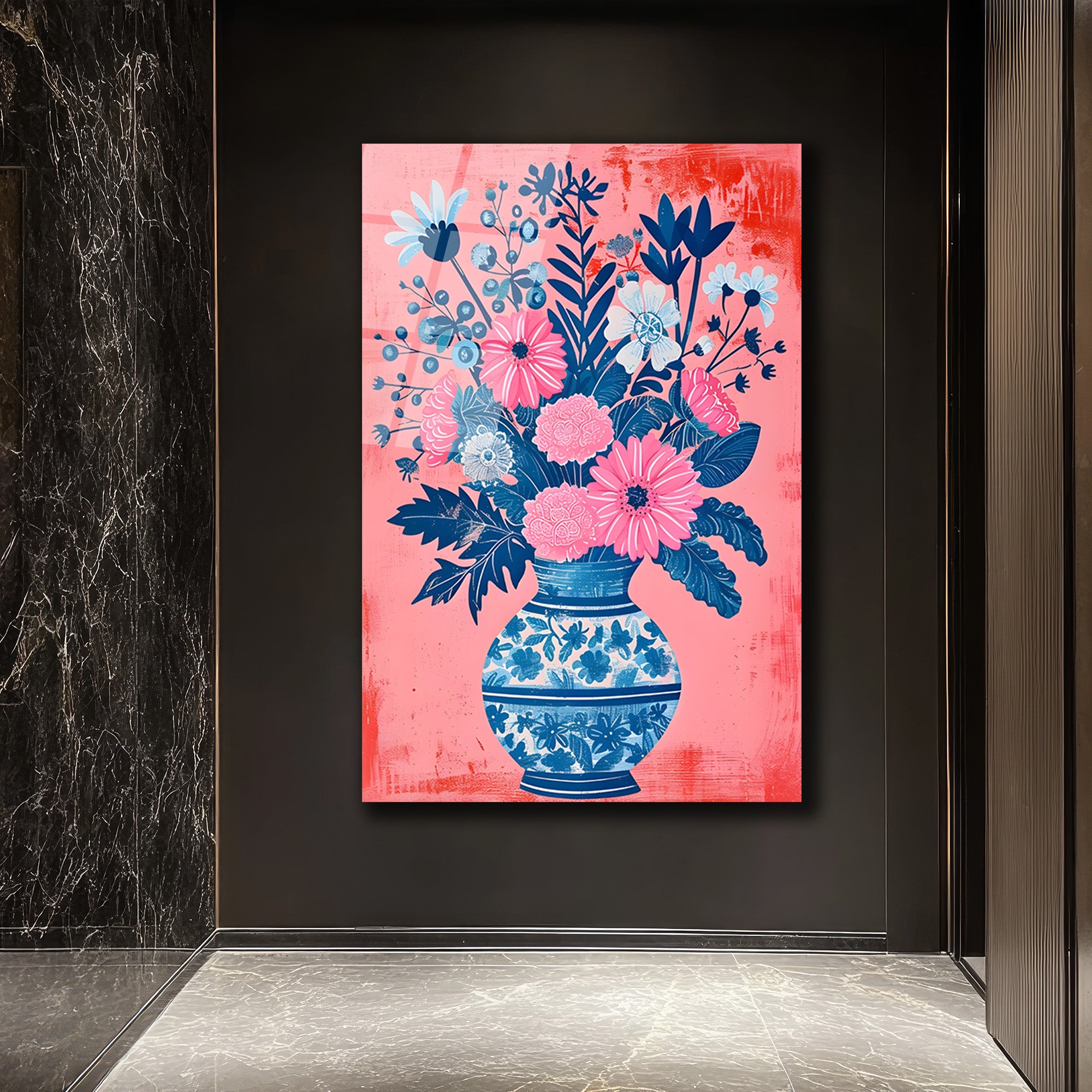 Canlı Çiçekler Vazoda Cam Tablo - Pembe ve Mavi Botanik Sanat