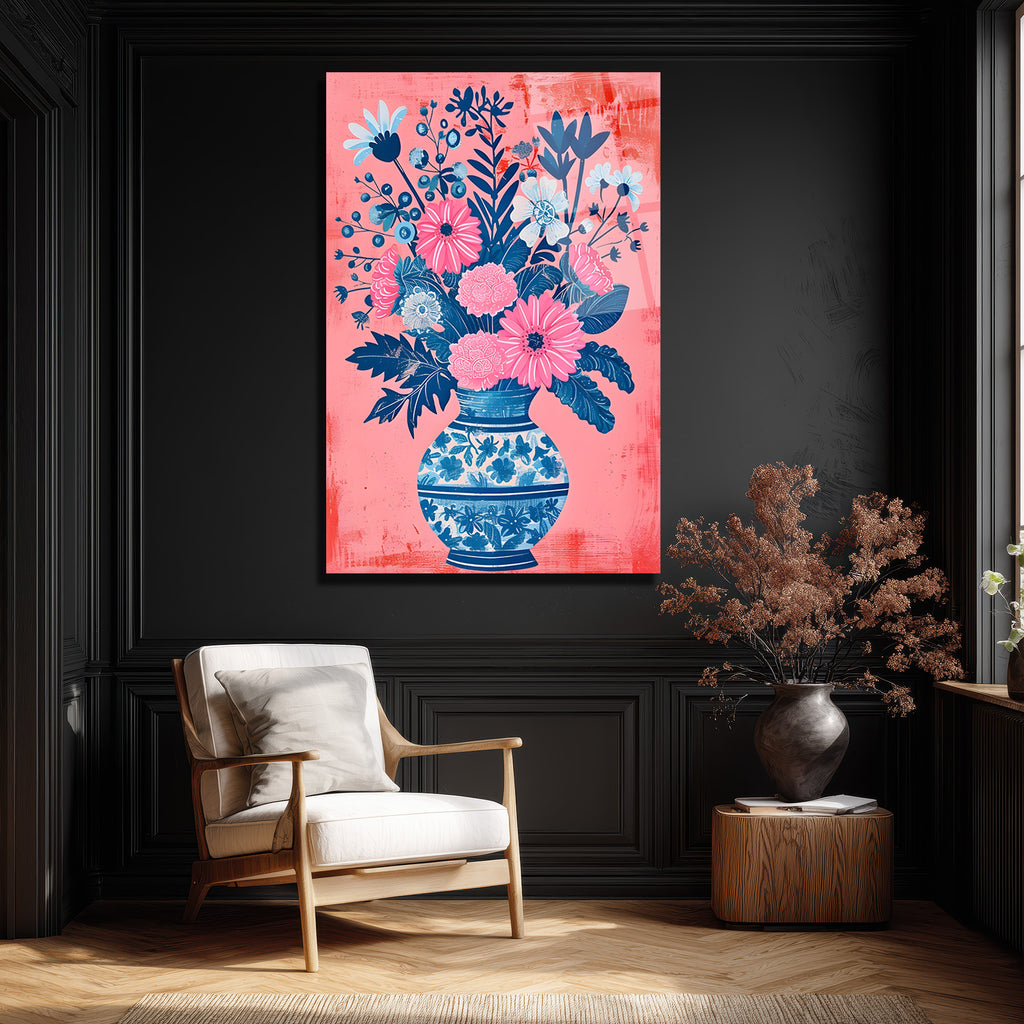 Canlı Çiçekler Vazoda Cam Tablo - Pembe ve Mavi Botanik Sanat