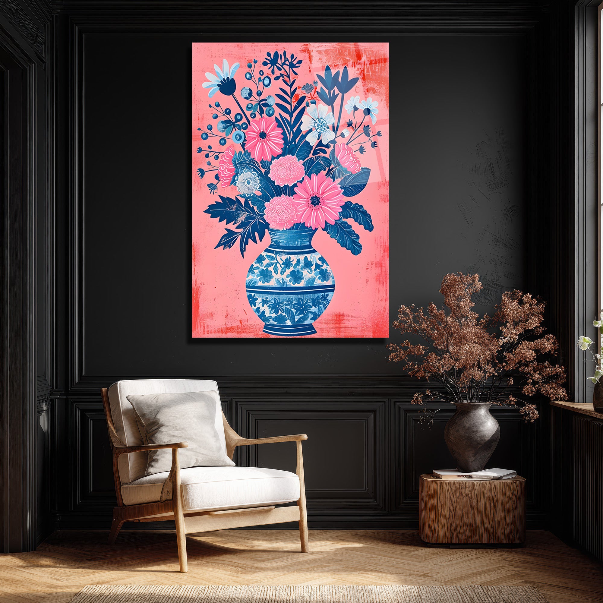 Canlı Çiçekler Vazoda Cam Tablo - Pembe ve Mavi Botanik Sanat