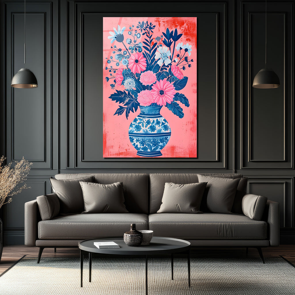 Canlı Çiçekler Vazoda Cam Tablo - Pembe ve Mavi Botanik Sanat