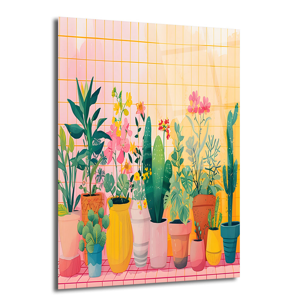 Pastel pembe fayanslı bir duvar önünde sıralanmış, farklı boy ve tipte saksı bitkileri ve çiçeklerin olduğu illüstrasyon tarzı bir cam tablo. Yeşil bitkiler, pembe ve sarı çiçekler, kaktüsler ve farklı renklerde saksılar canlı bir kompozisyon oluşturuyor.
