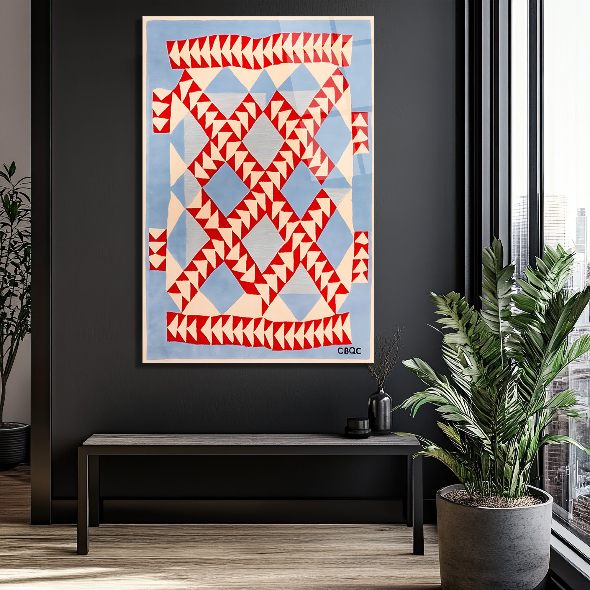 Geometrik Desenli Mavi Kırmızı Modern Cam Tablo