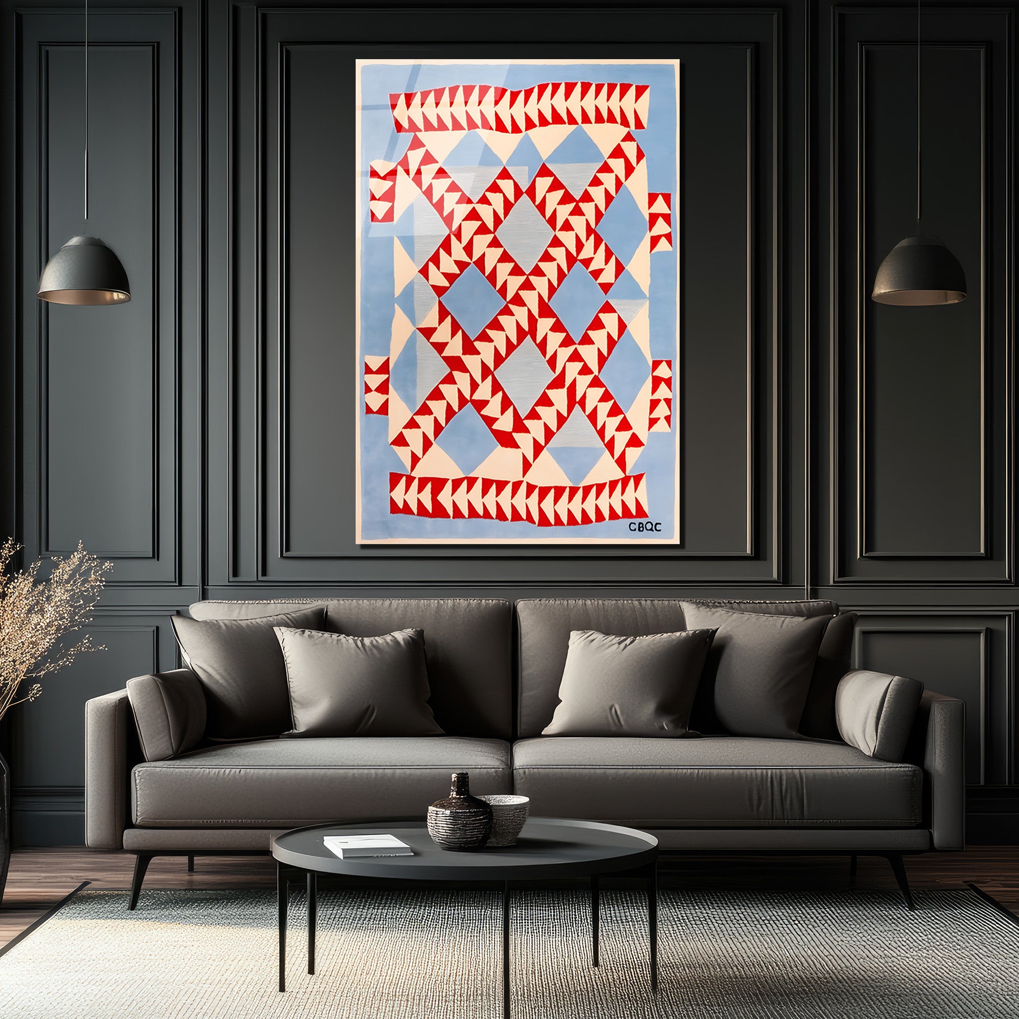 Geometrik Desenli Mavi Kırmızı Modern Cam Tablo