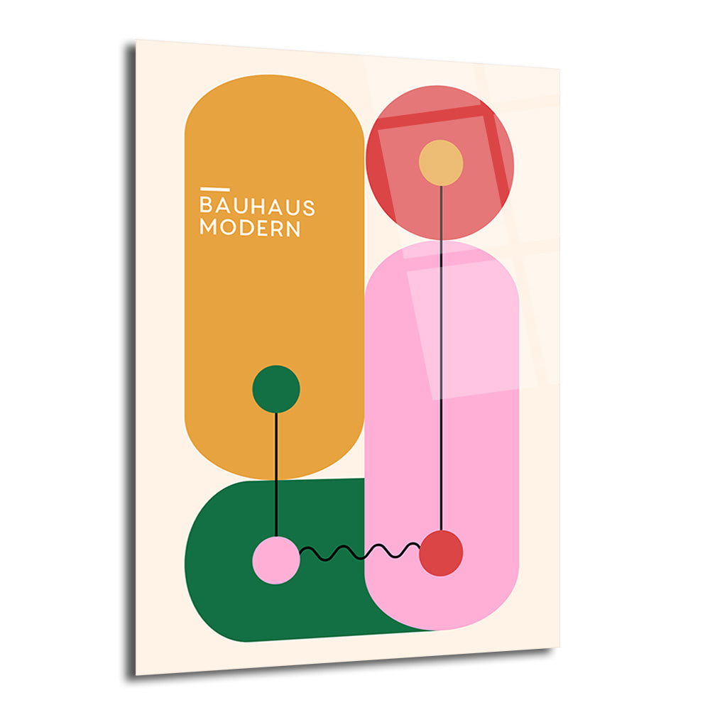 Bej renkli bir zeminde, Bauhaus modern sanat tarzında tasarlanmış, turuncu, pembe, koyu yeşil ve kırmızı geometrik şekillerden oluşan soyut bir cam tablo. Tablonun sol üst kısmında 'BAUHAUS MODERN' yazısı bulunmaktadır.
