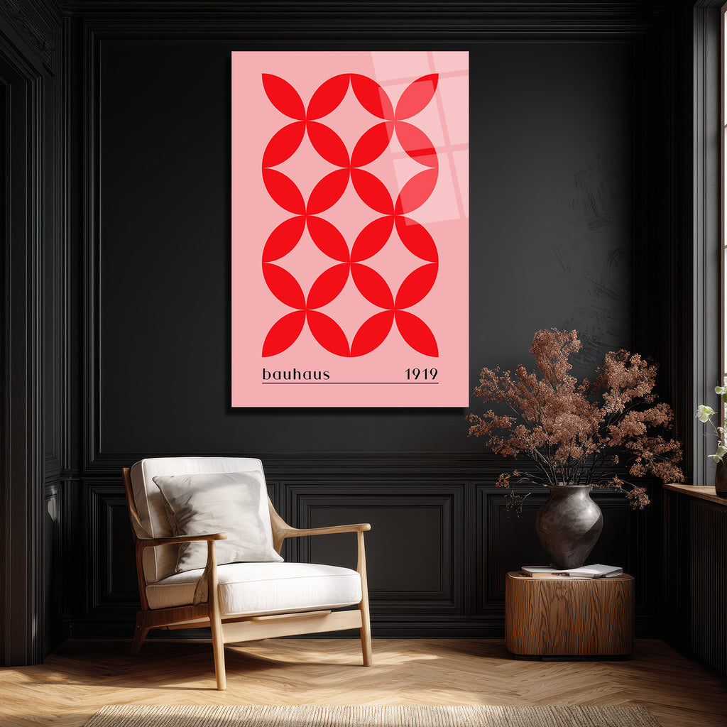 Bauhaus 1919 Kırmızı Geometrik Pembe Cam Tablo