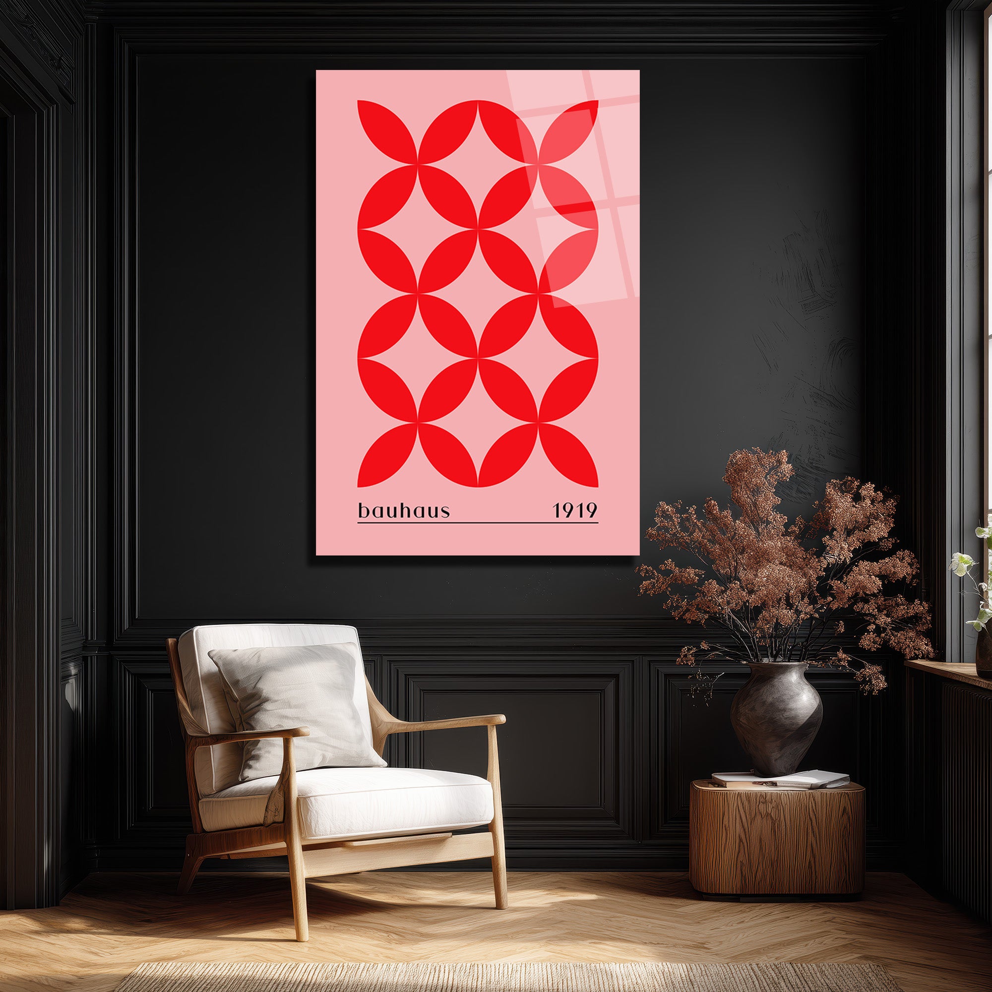 Bauhaus 1919 Kırmızı Geometrik Pembe Cam Tablo