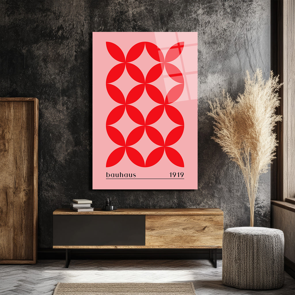 Bauhaus 1919 Kırmızı Geometrik Pembe Cam Tablo