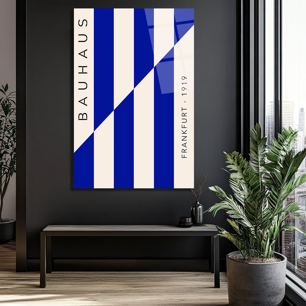 Bauhaus Esintili Mavi Çizgili Modern Cam Tablo
