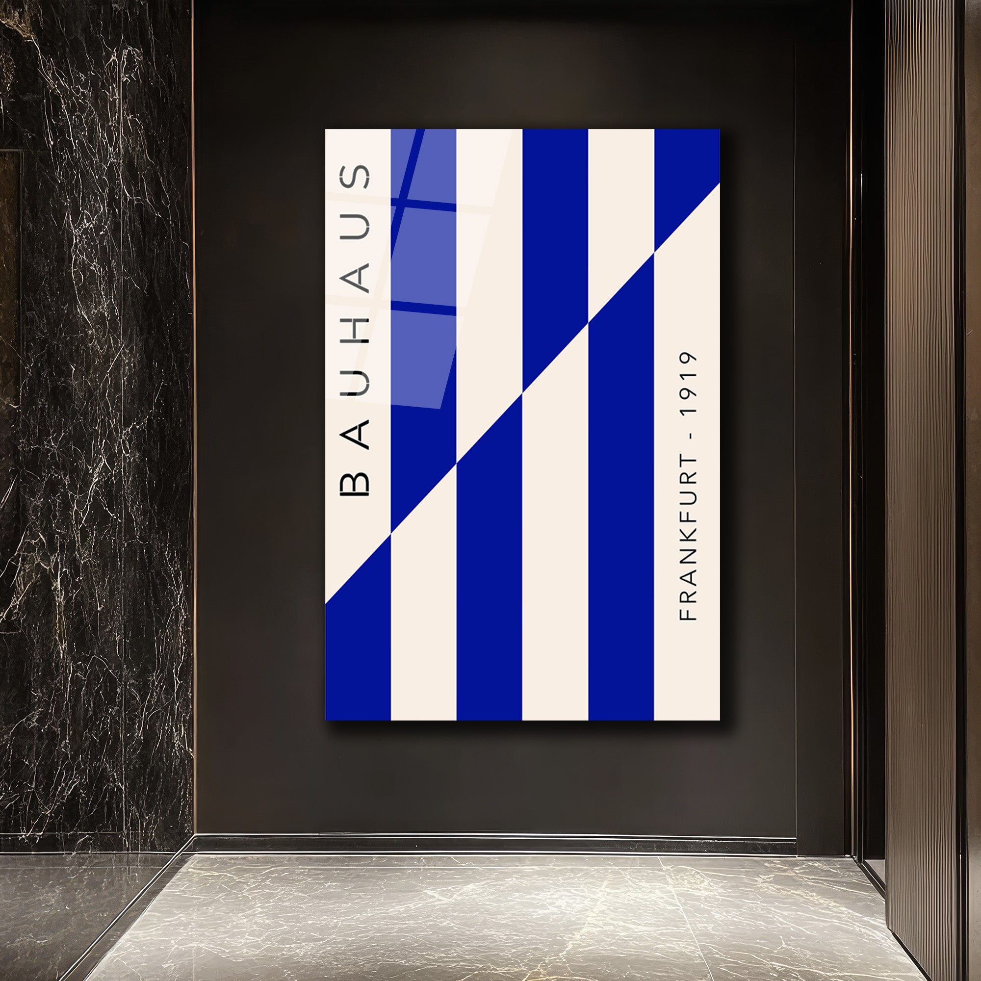 Bauhaus Esintili Mavi Çizgili Modern Cam Tablo