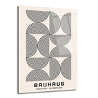 Açık bej zemin üzerinde siyah, konsantrik yarı çemberlerden oluşan tekrarlayan geometrik desenli, Bauhaus stilinde bir cam tablo. Altta 'BAUHAUS FRANKFURT - OKTOBAR 1923' yazısı bulunuyor.