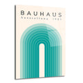Açık bej zemin üzerinde, üst kısmında 'BAUHAUS Ausstellung 1923' yazan, su yeşili ve turkuaz tonlarında geometrik kemer desenli, minimalist cam tablo.