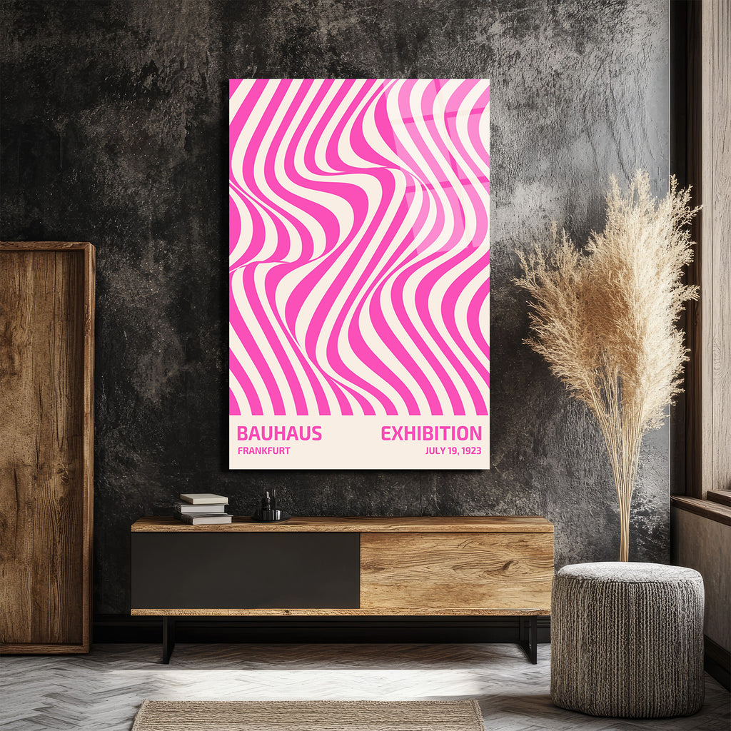 Bauhaus Sergisi Pembe Optik İllüzyon Cam Tablo