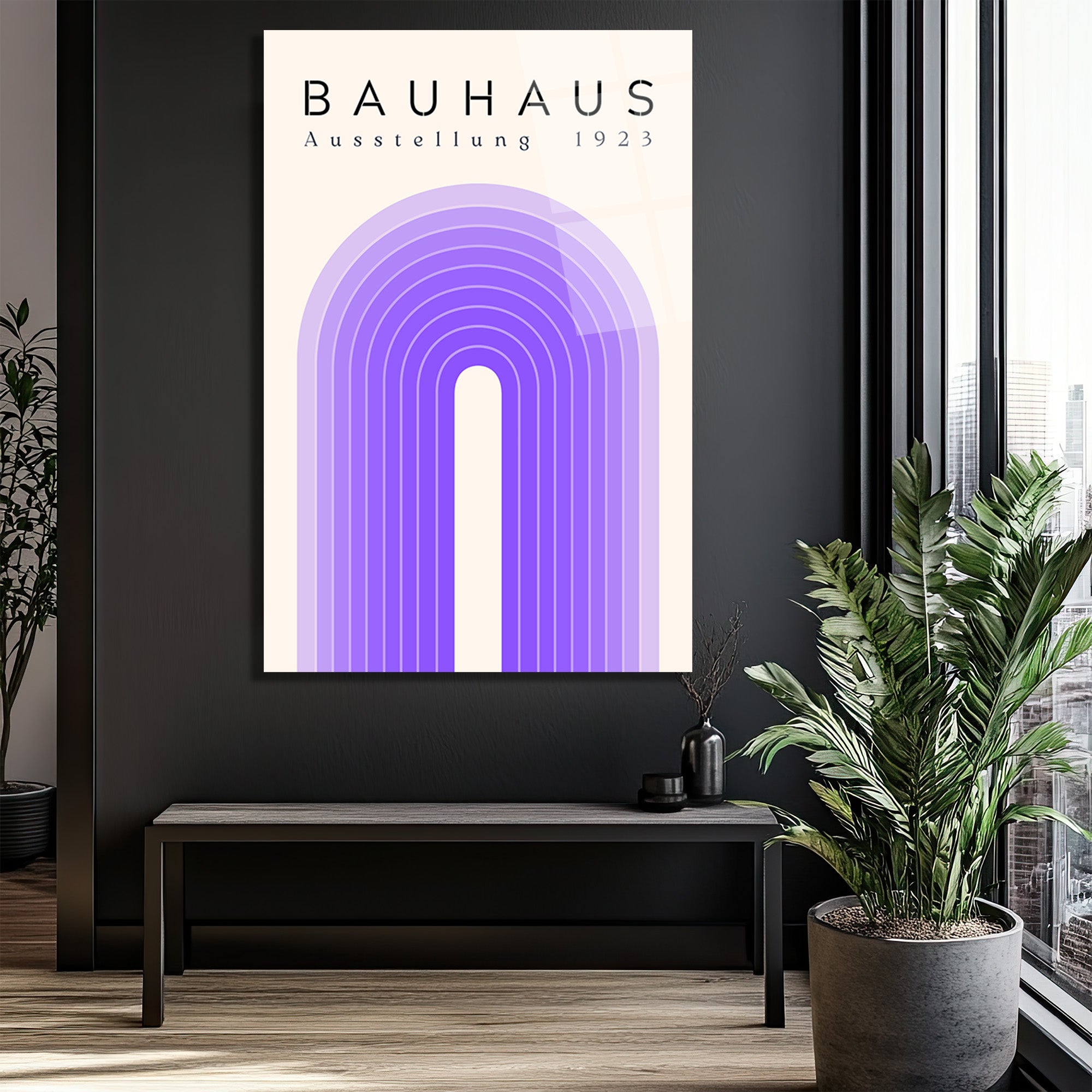 Bauhaus Estetiği Mor Tonlar Cam Tablo - Modern Sanat Koleksiyonu