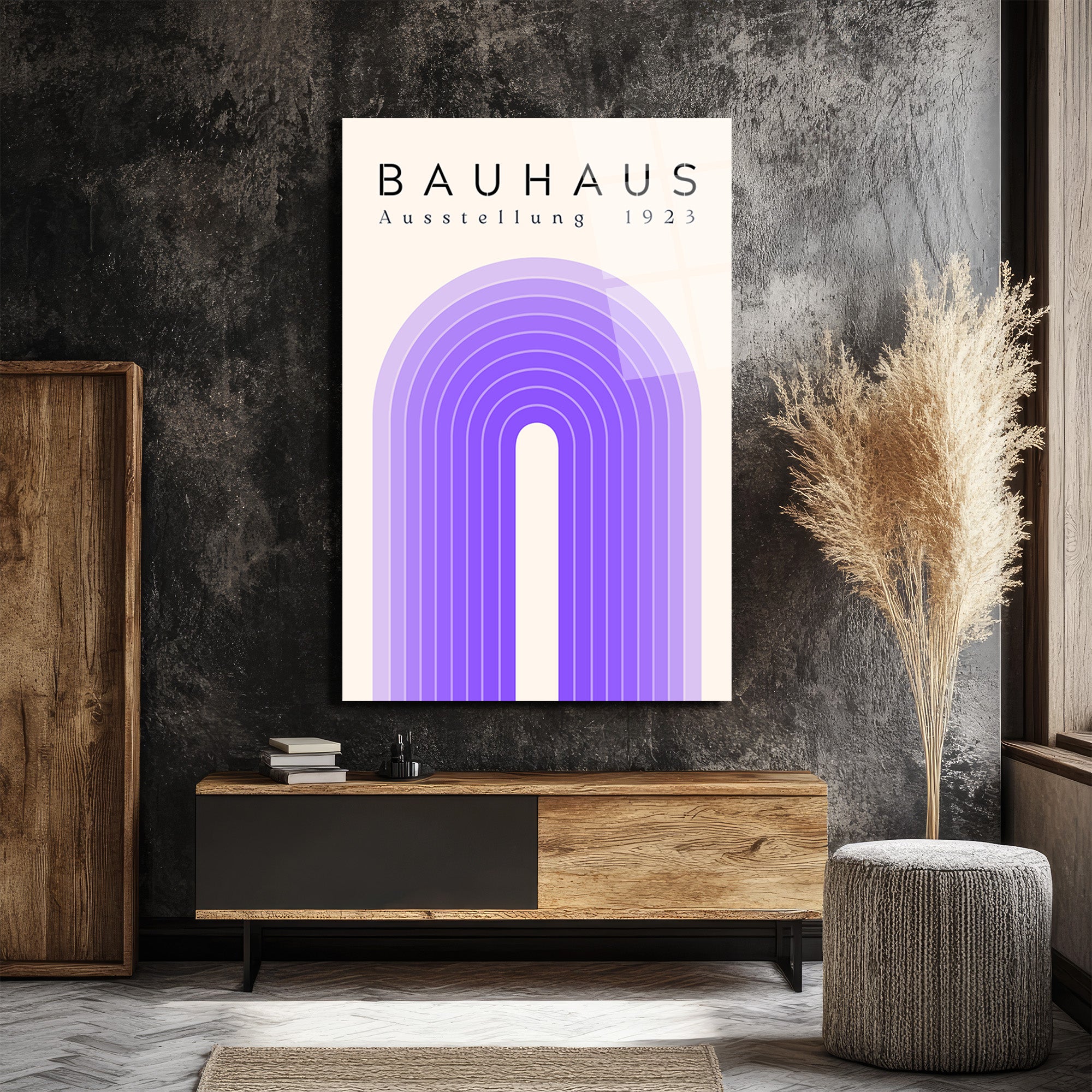 Bauhaus Estetiği Mor Tonlar Cam Tablo - Modern Sanat Koleksiyonu