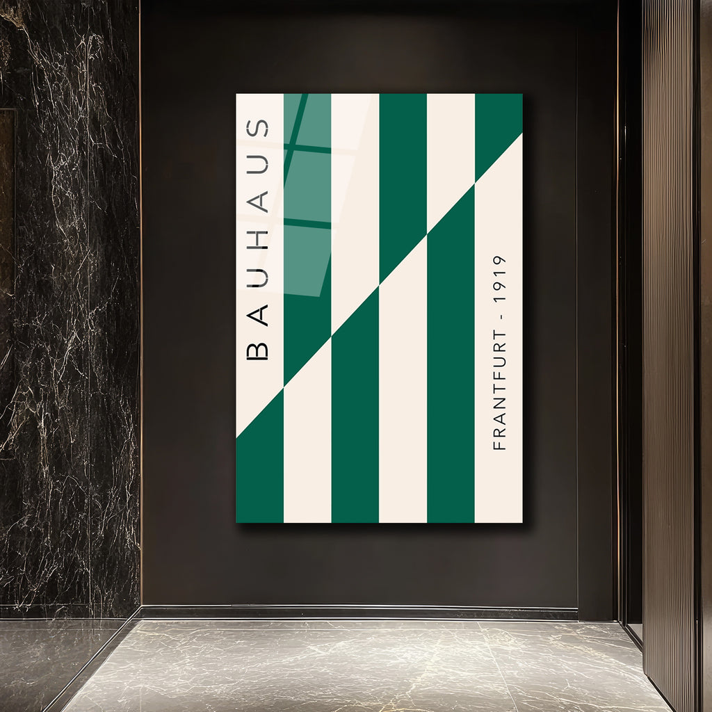 Bauhaus Yeşil Çizgili Sanat Cam Tablo - Modern Duvar Dekoru