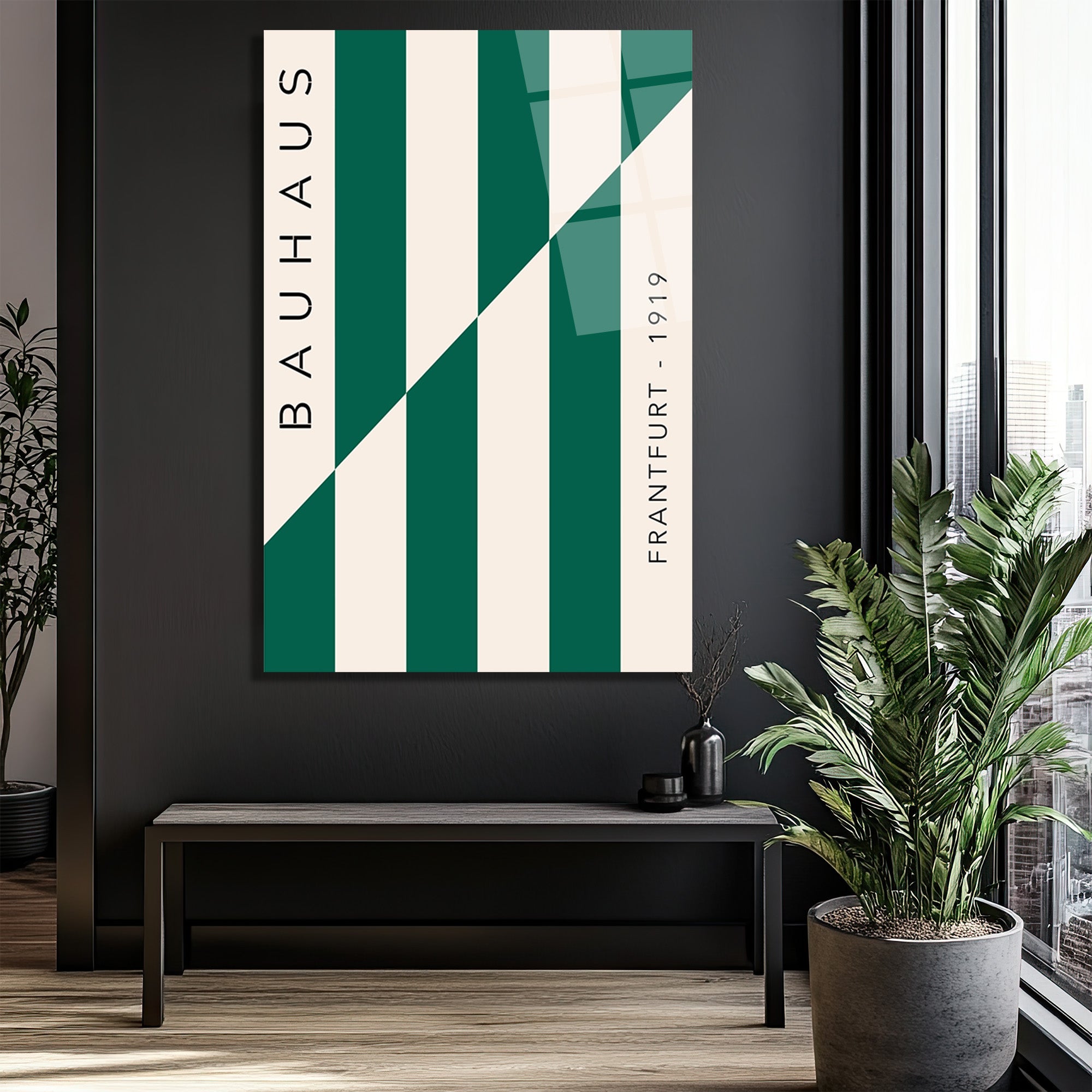 Bauhaus Yeşil Çizgili Sanat Cam Tablo - Modern Duvar Dekoru