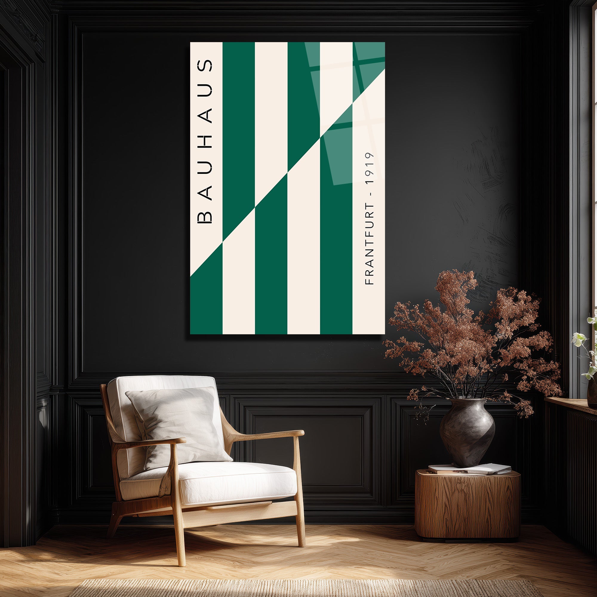 Bauhaus Yeşil Çizgili Sanat Cam Tablo - Modern Duvar Dekoru