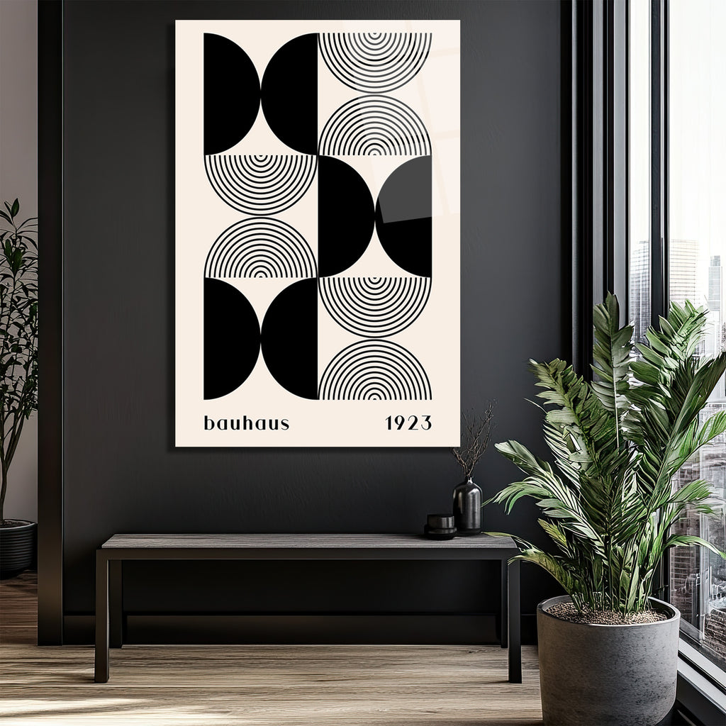 Bauhaus Minimalist Geometrik Siyah Beyaz Cam Tablo