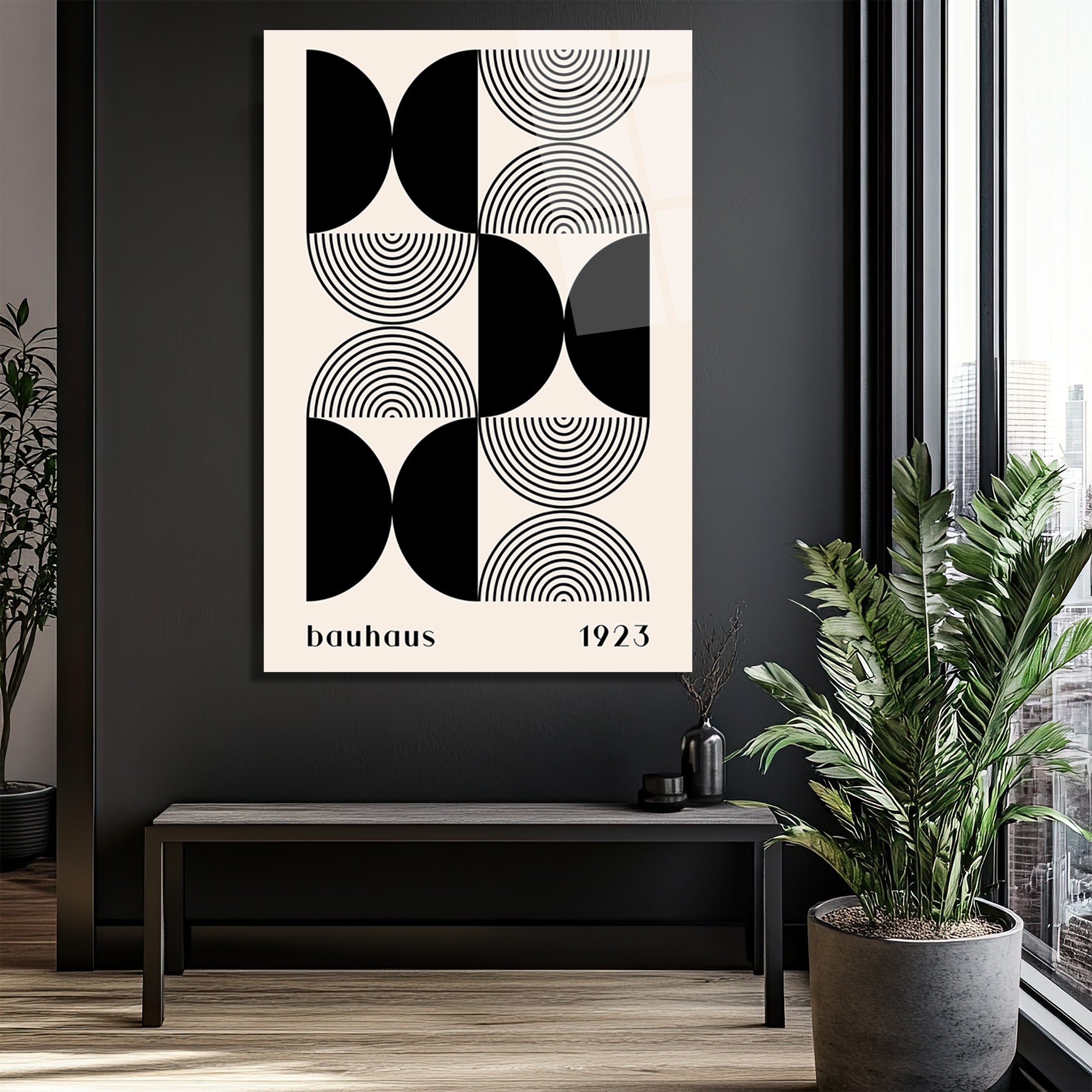 Bauhaus Minimalist Geometrik Siyah Beyaz Cam Tablo