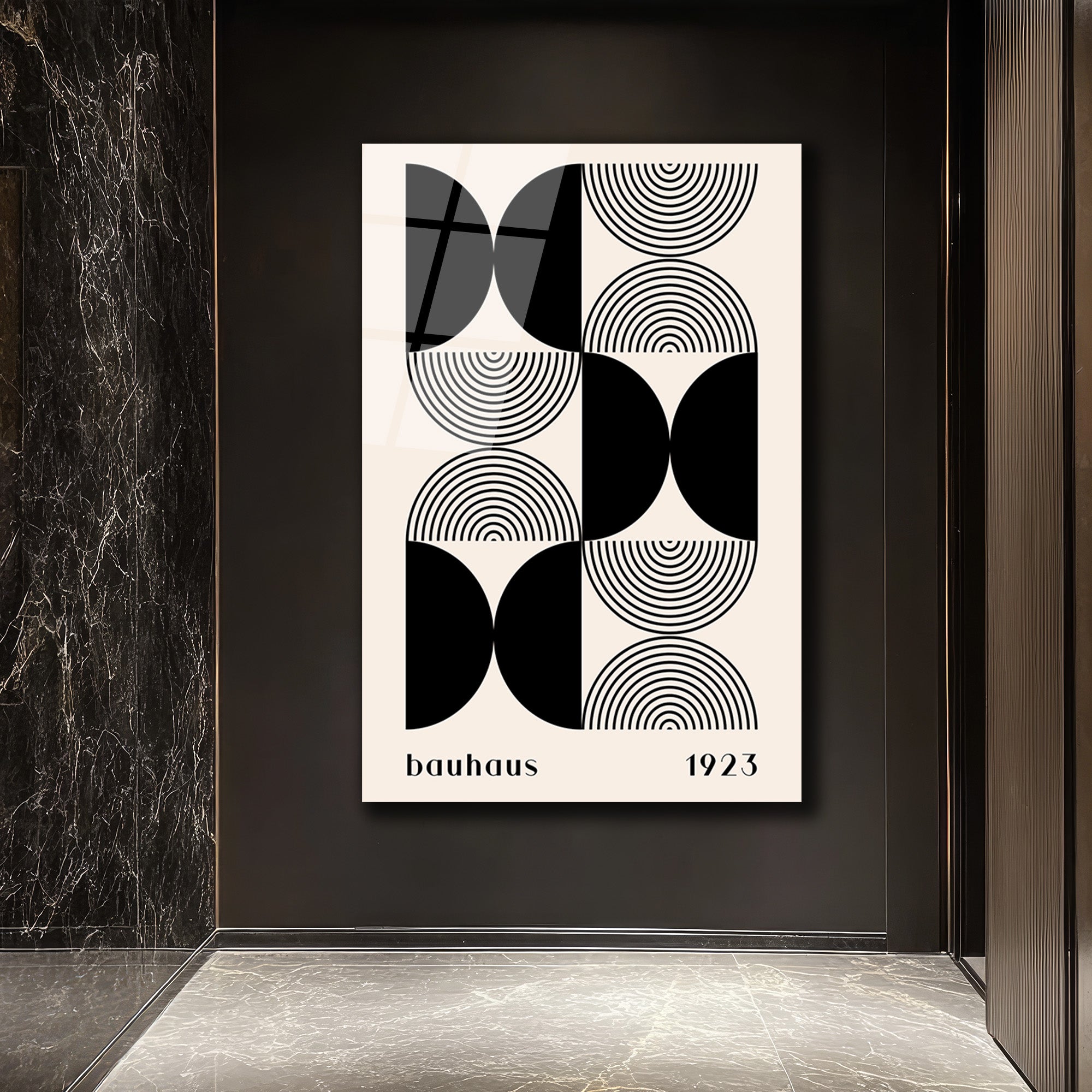Bauhaus Minimalist Geometrik Siyah Beyaz Cam Tablo