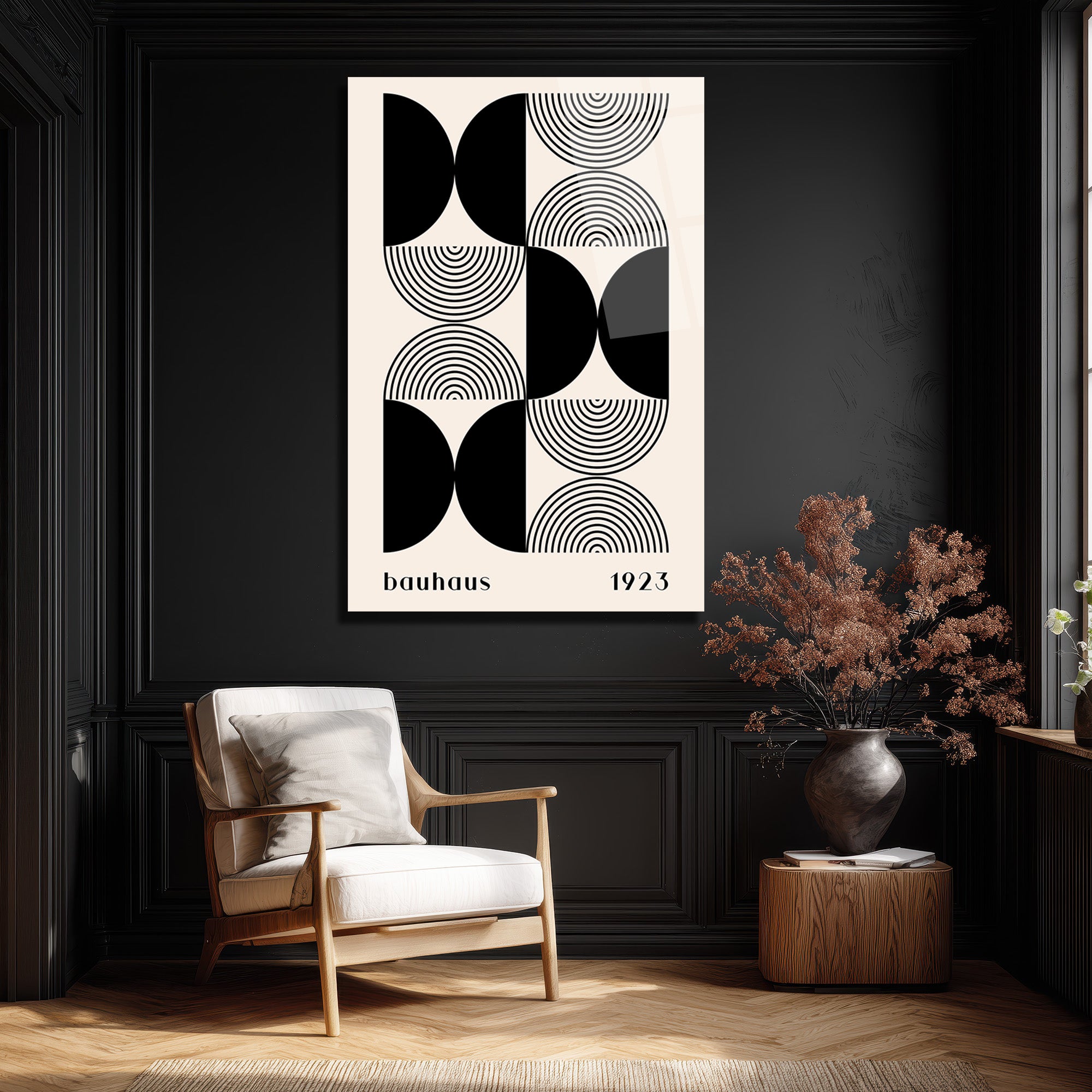 Bauhaus Minimalist Geometrik Siyah Beyaz Cam Tablo
