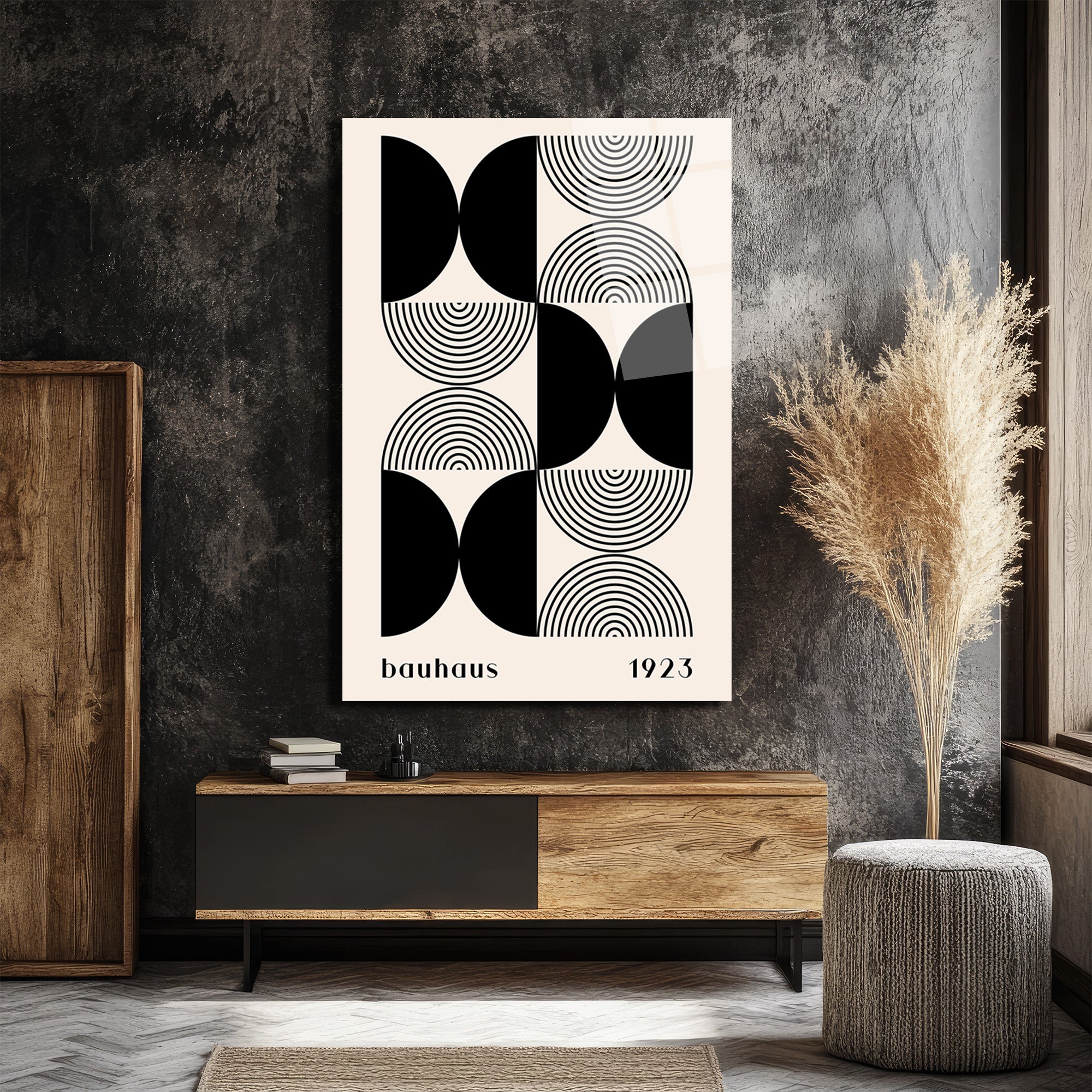 Bauhaus Minimalist Geometrik Siyah Beyaz Cam Tablo