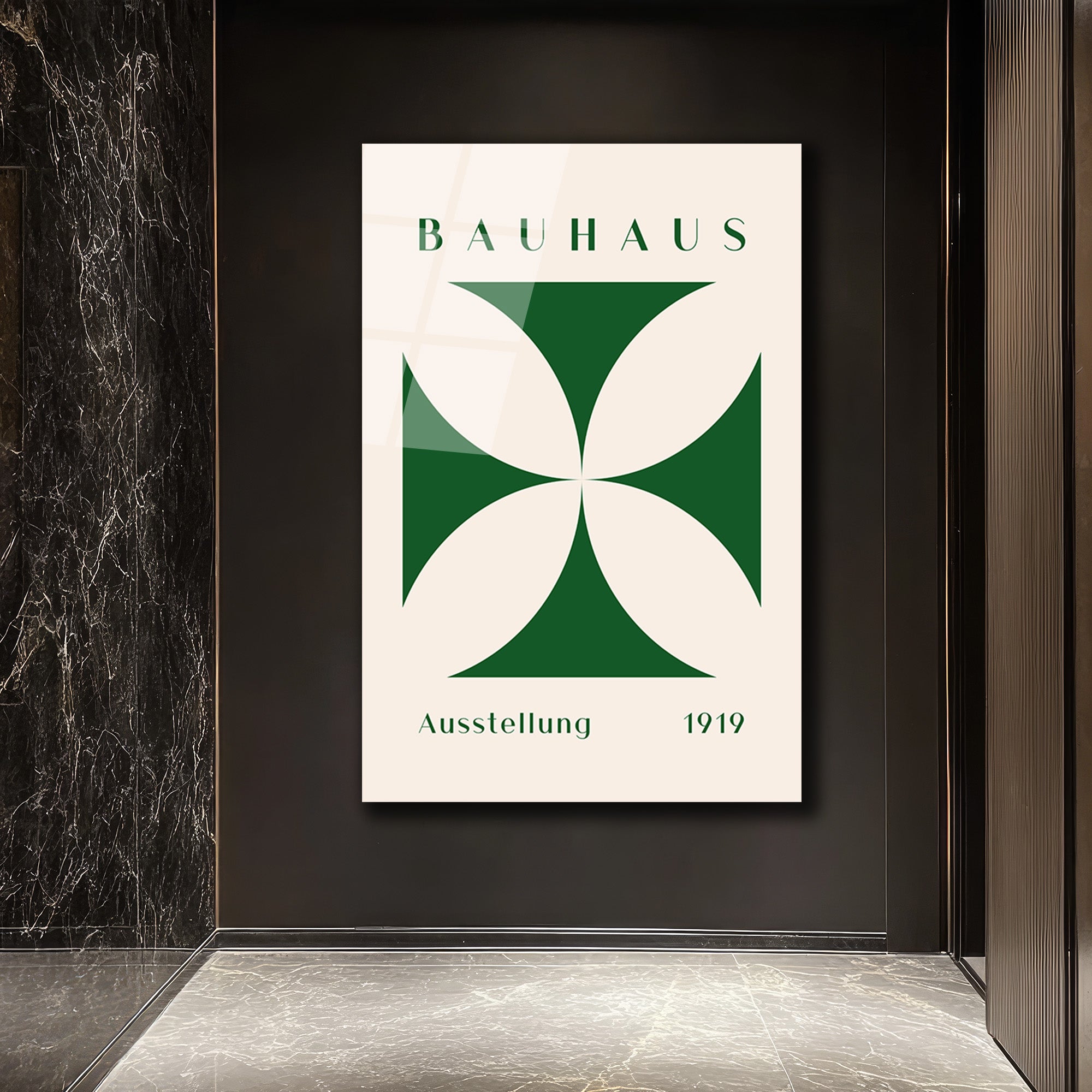 Bauhaus Estetiği Yeşil Çapraz Desen Cam Tablo