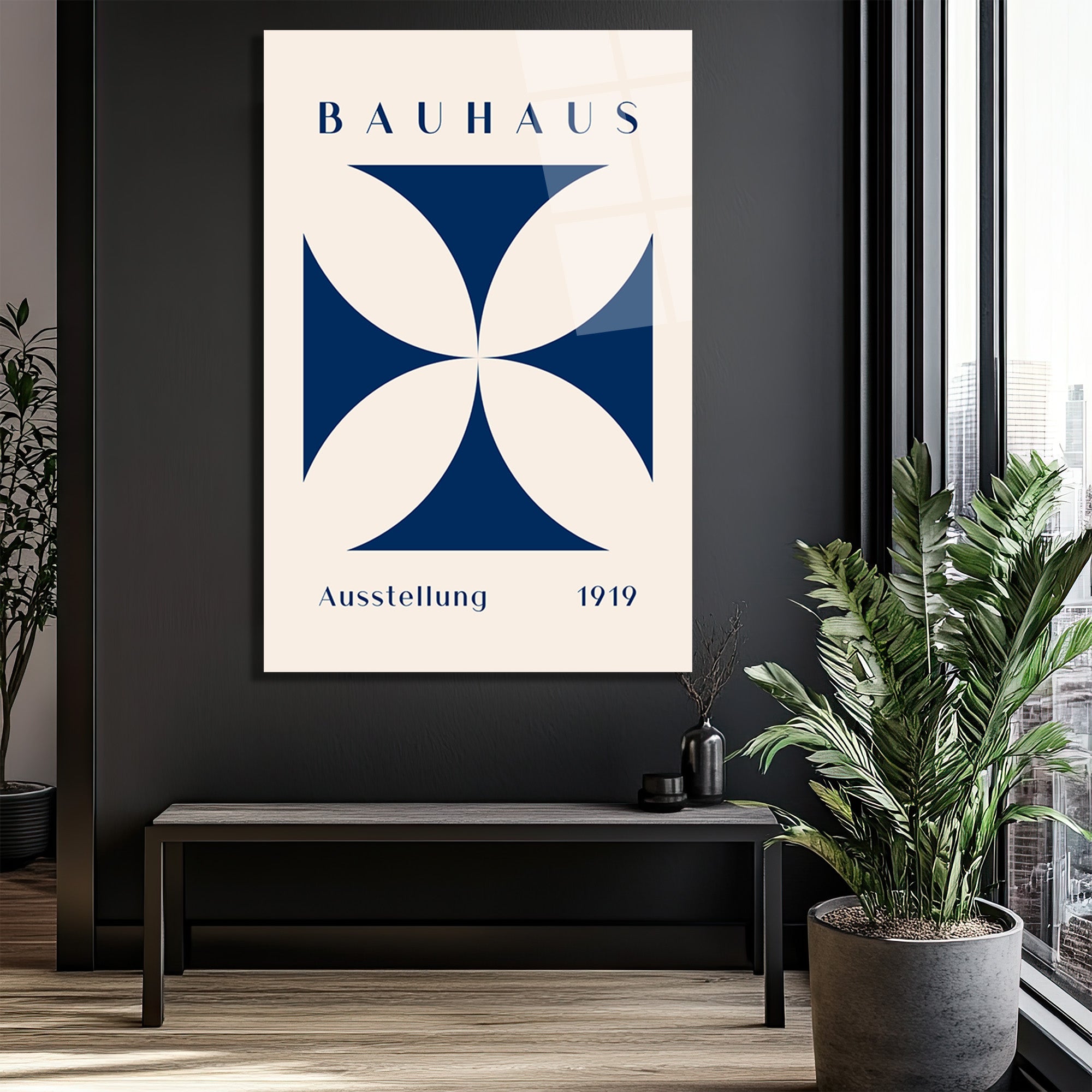 Bauhaus Ausstellung 1919 Mavi Geometrik Cam Tablo