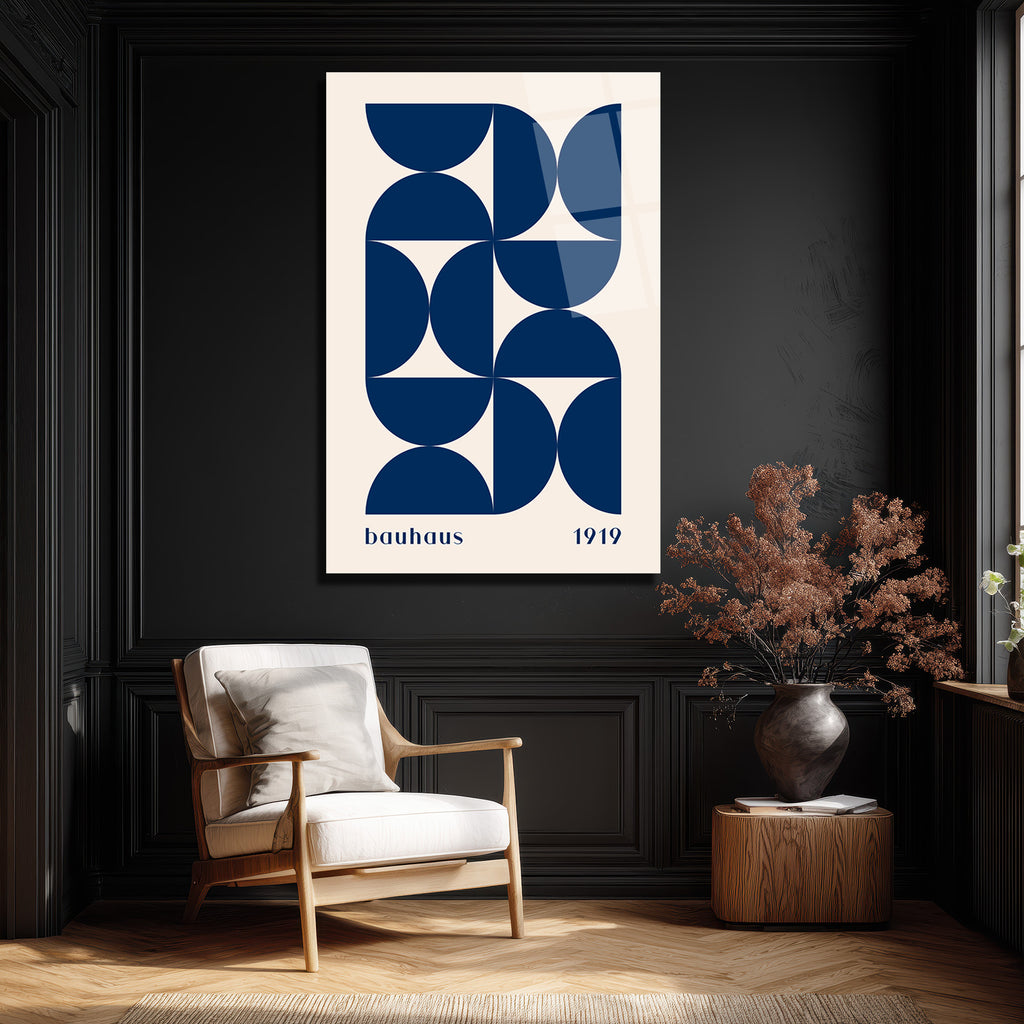 Bauhaus Mavi Geometrik Desen Cam Tablo - Modern Sanat Duvar Dekoru