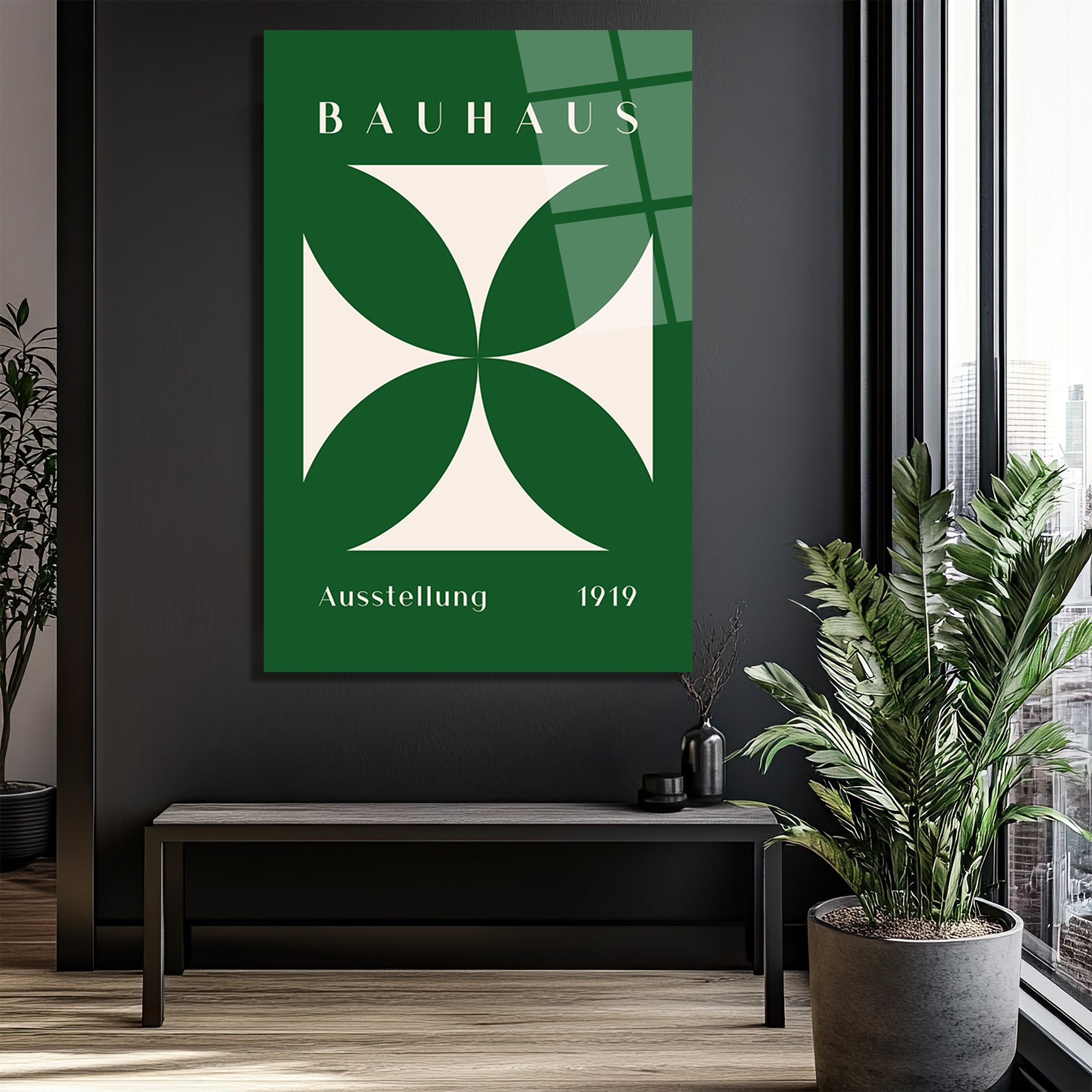 Bauhaus 1919 Yeşil Geometrik Desenli Modern Cam Tablo