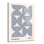 Krem renkli zeminde koyu lacivert, eş merkezli yarım dairelerden oluşan geometrik desenli, Bauhaus tarzı modern bir cam tablo. Alt köşede 'bauhaus 1923' yazısı bulunuyor.