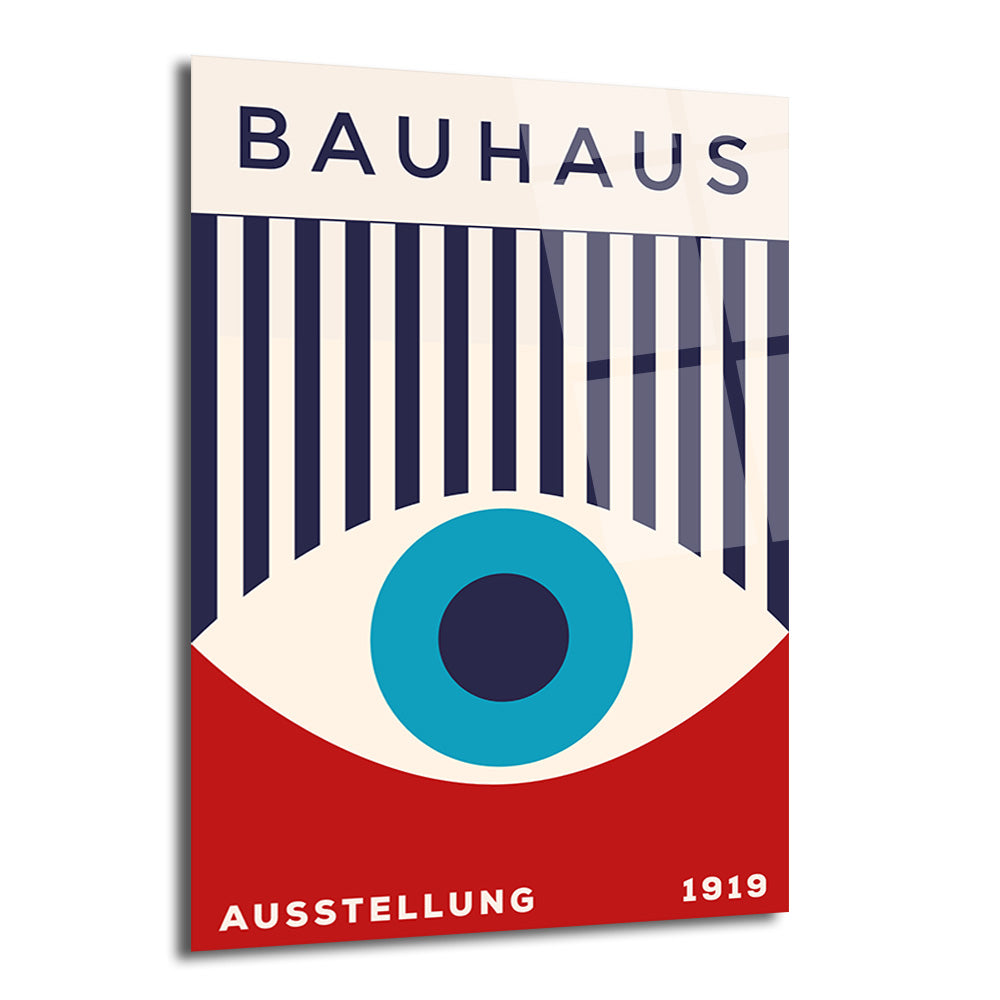 Bauhaus stilinde, üstte 'BAUHAUS' yazısı, ortada lacivert ve krem dikey çizgiler üzerinde mavi bir göz figürü ve altta kırmızı zeminde 'AUSSTELLUNG 1919' yazan modern cam tablo.