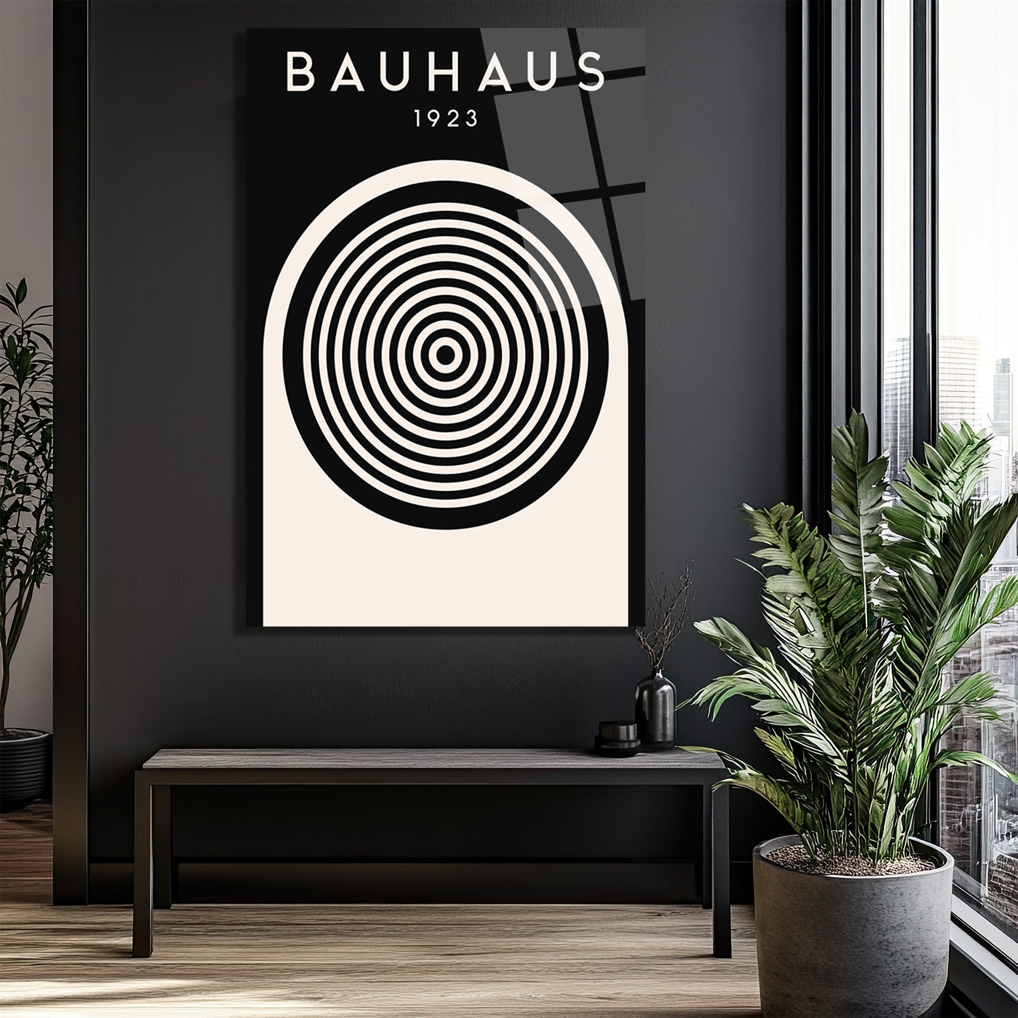 Bauhaus 1923 Minimalist Siyah Beyaz Cam Tablo