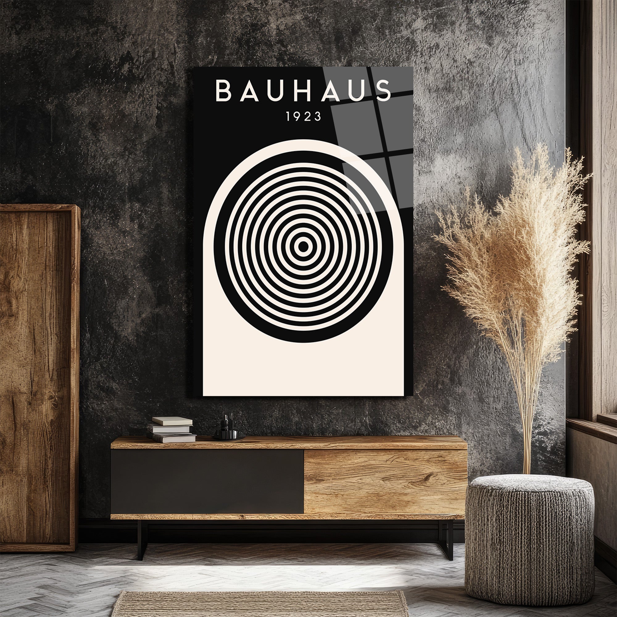 Bauhaus 1923 Minimalist Siyah Beyaz Cam Tablo