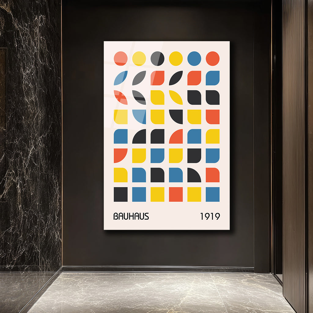 Bauhaus Geometrik Desenli Modern Sanat Cam Tablo