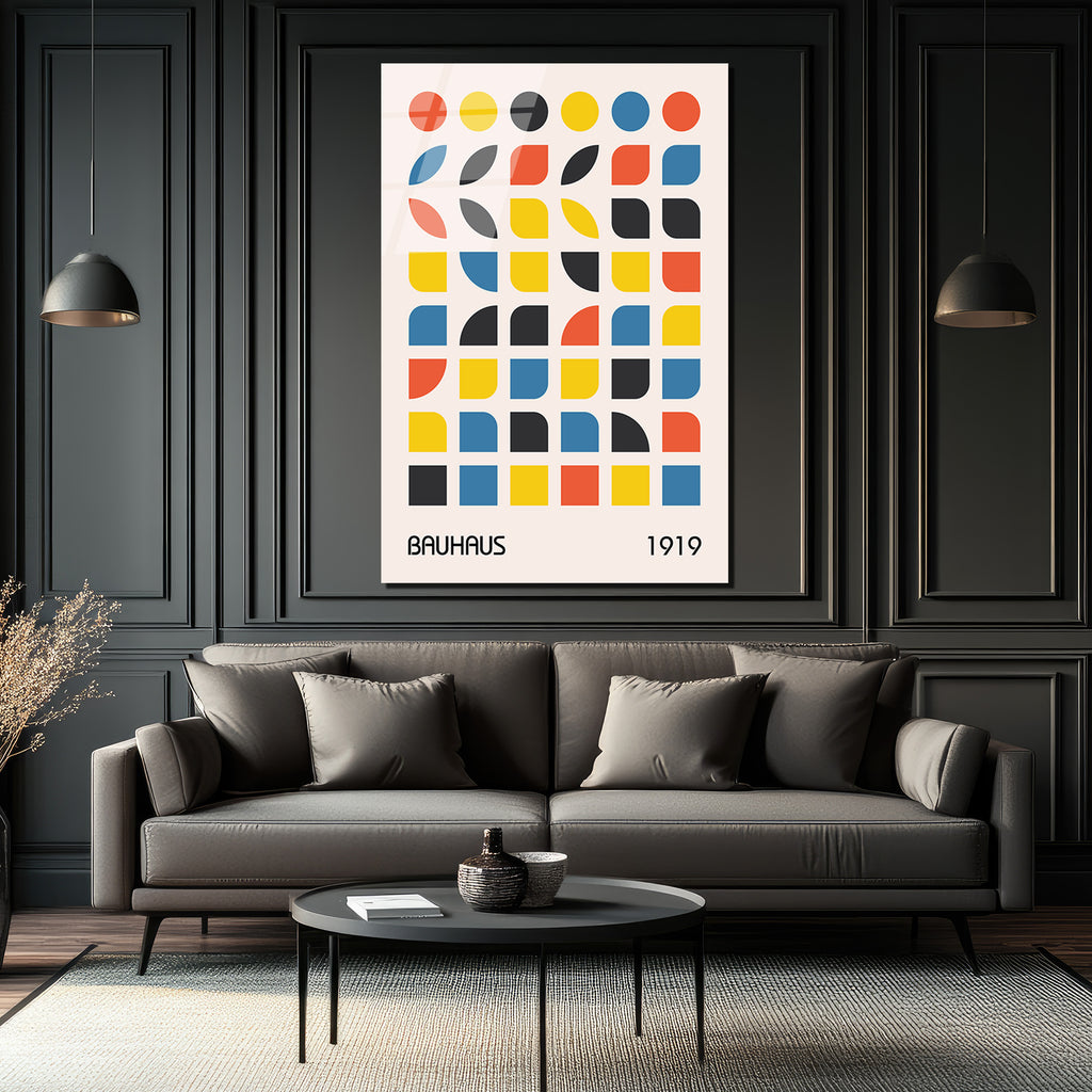 Bauhaus Geometrik Desenli Modern Sanat Cam Tablo