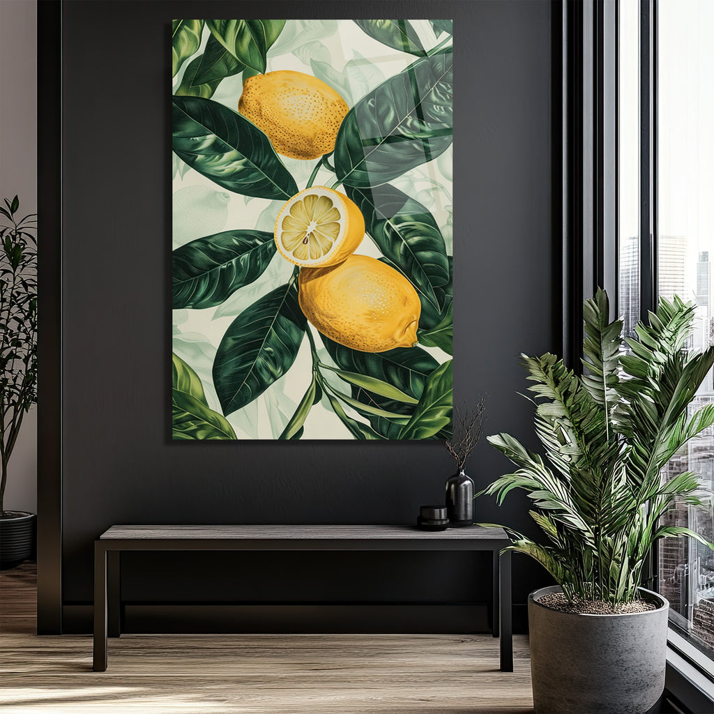 Canlı Limonlar ve Yeşil Yapraklar Cam Tablo - Ferahlatıcı Botanik Sanat