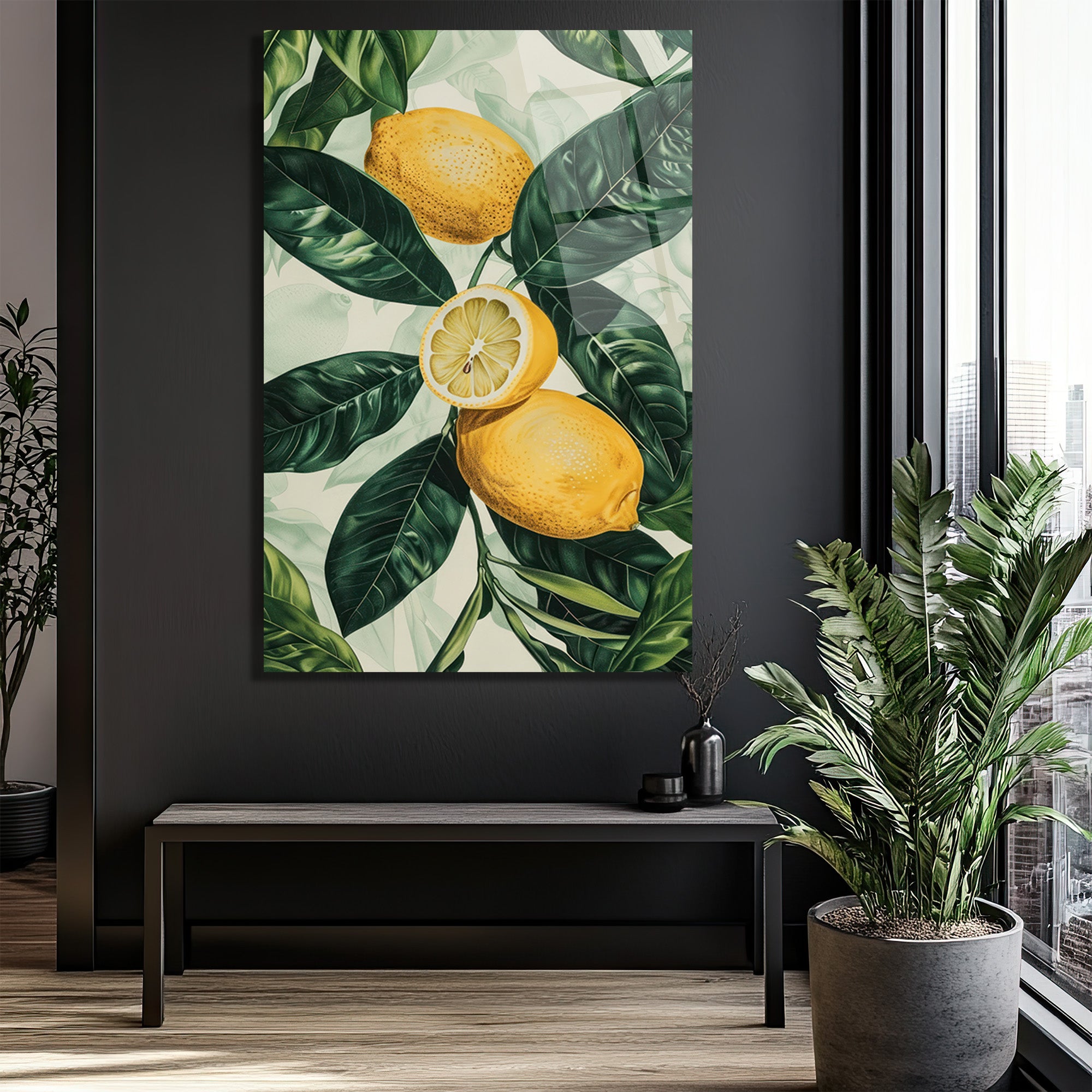 Canlı Limonlar ve Yeşil Yapraklar Cam Tablo - Ferahlatıcı Botanik Sanat