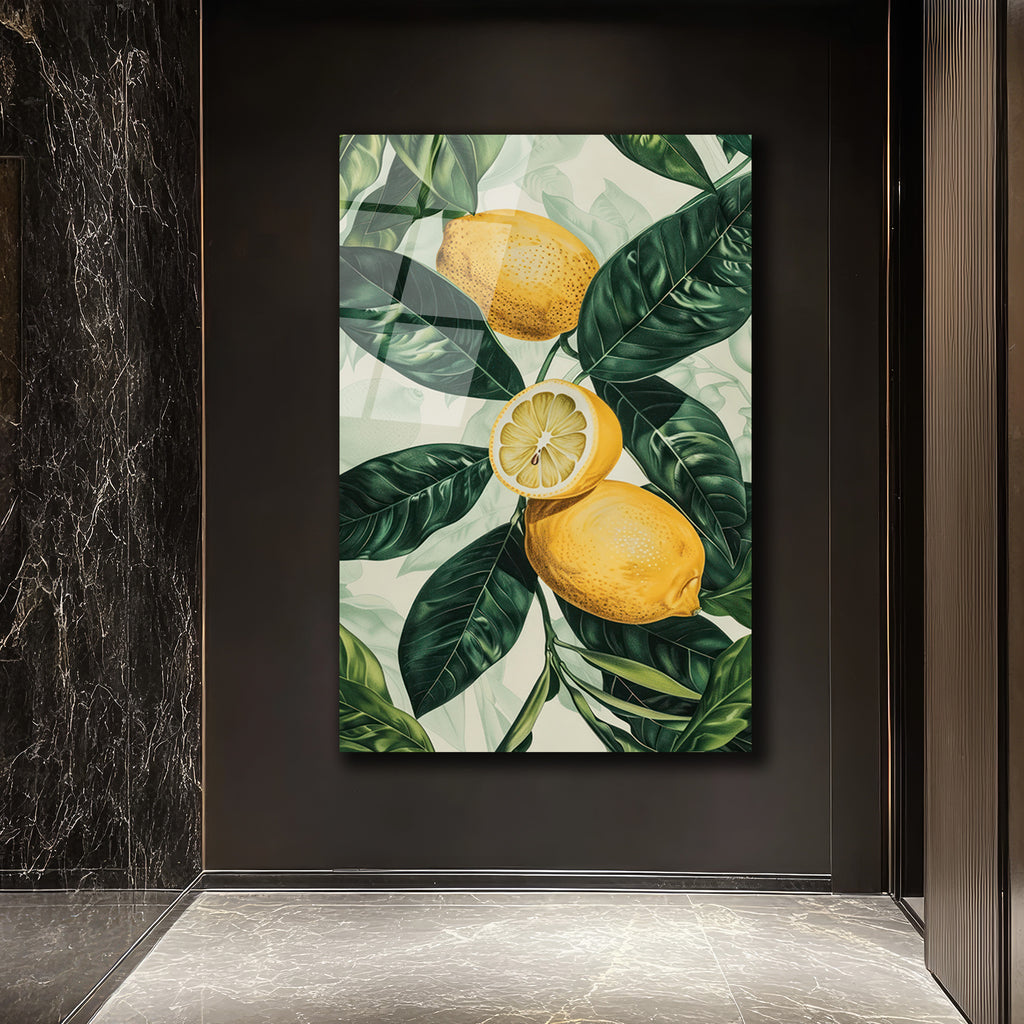 Canlı Limonlar ve Yeşil Yapraklar Cam Tablo - Ferahlatıcı Botanik Sanat