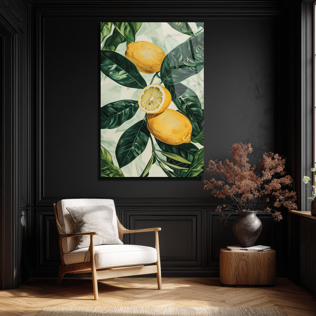Canlı Limonlar ve Yeşil Yapraklar Cam Tablo - Ferahlatıcı Botanik Sanat
