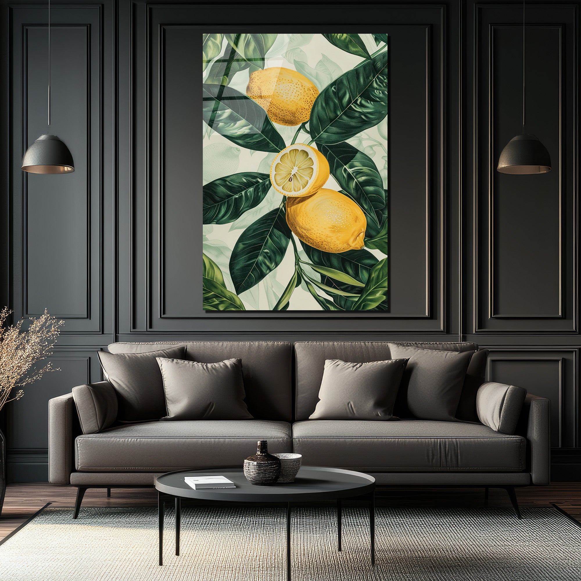 Canlı Limonlar ve Yeşil Yapraklar Cam Tablo - Ferahlatıcı Botanik Sanat