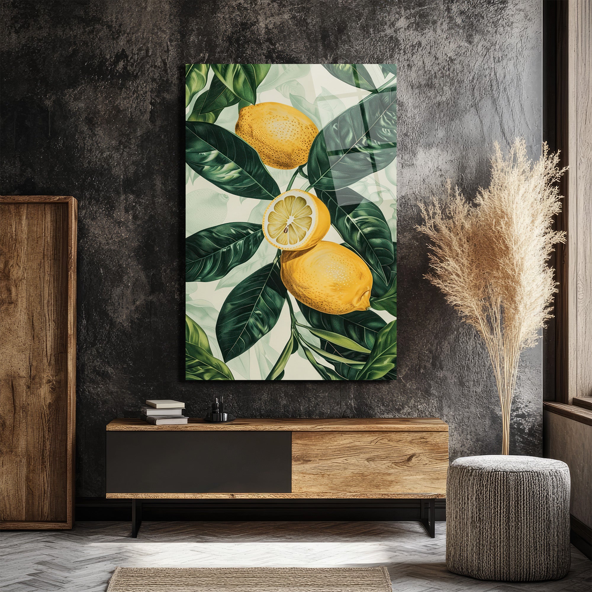 Canlı Limonlar ve Yeşil Yapraklar Cam Tablo - Ferahlatıcı Botanik Sanat