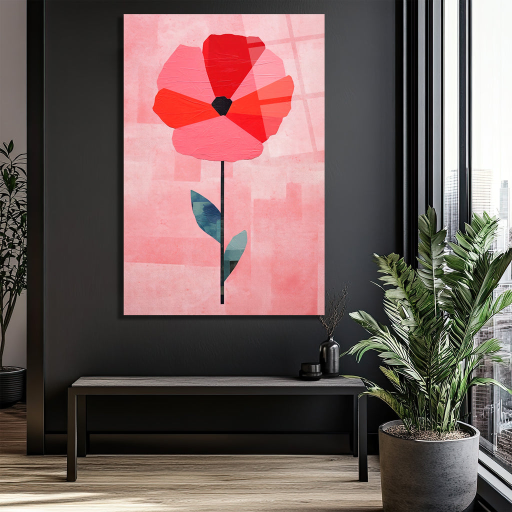Modern Geometrik Gelincik Çiçeği Pembe Cam Tablo