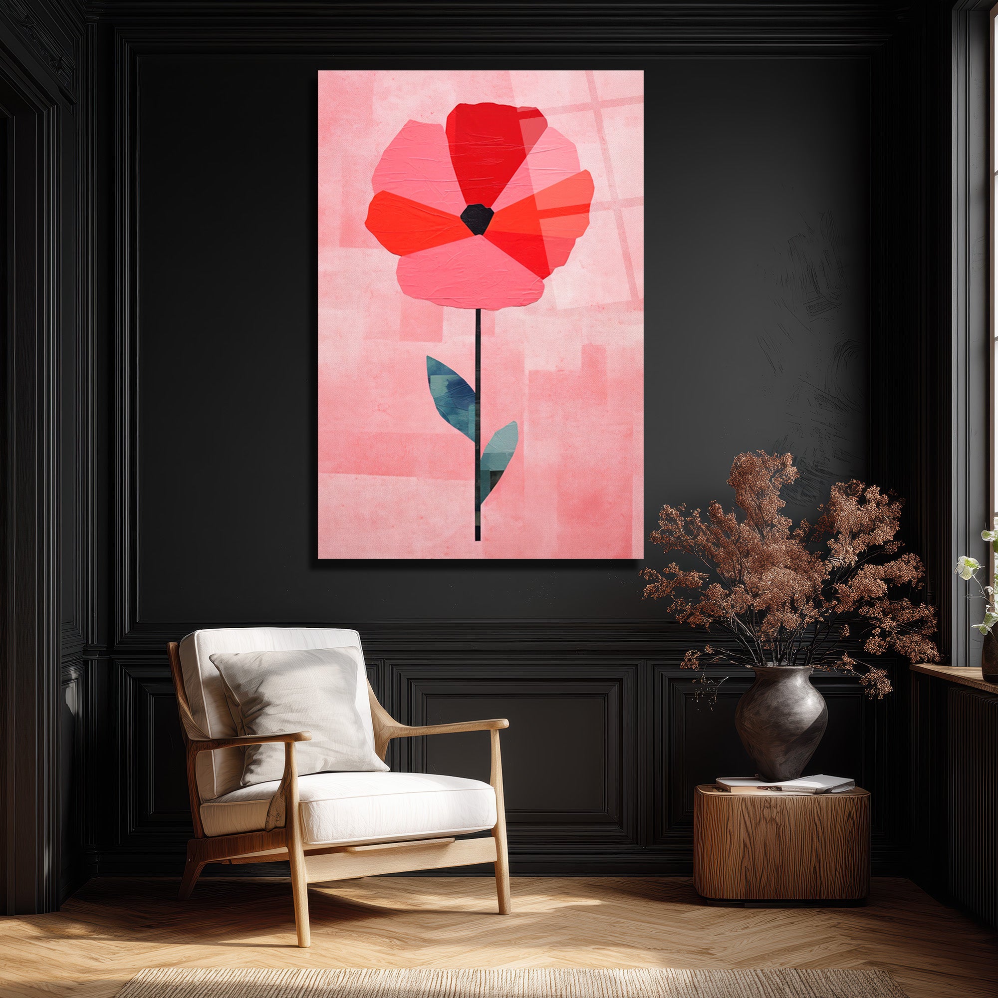 Modern Geometrik Gelincik Çiçeği Pembe Cam Tablo