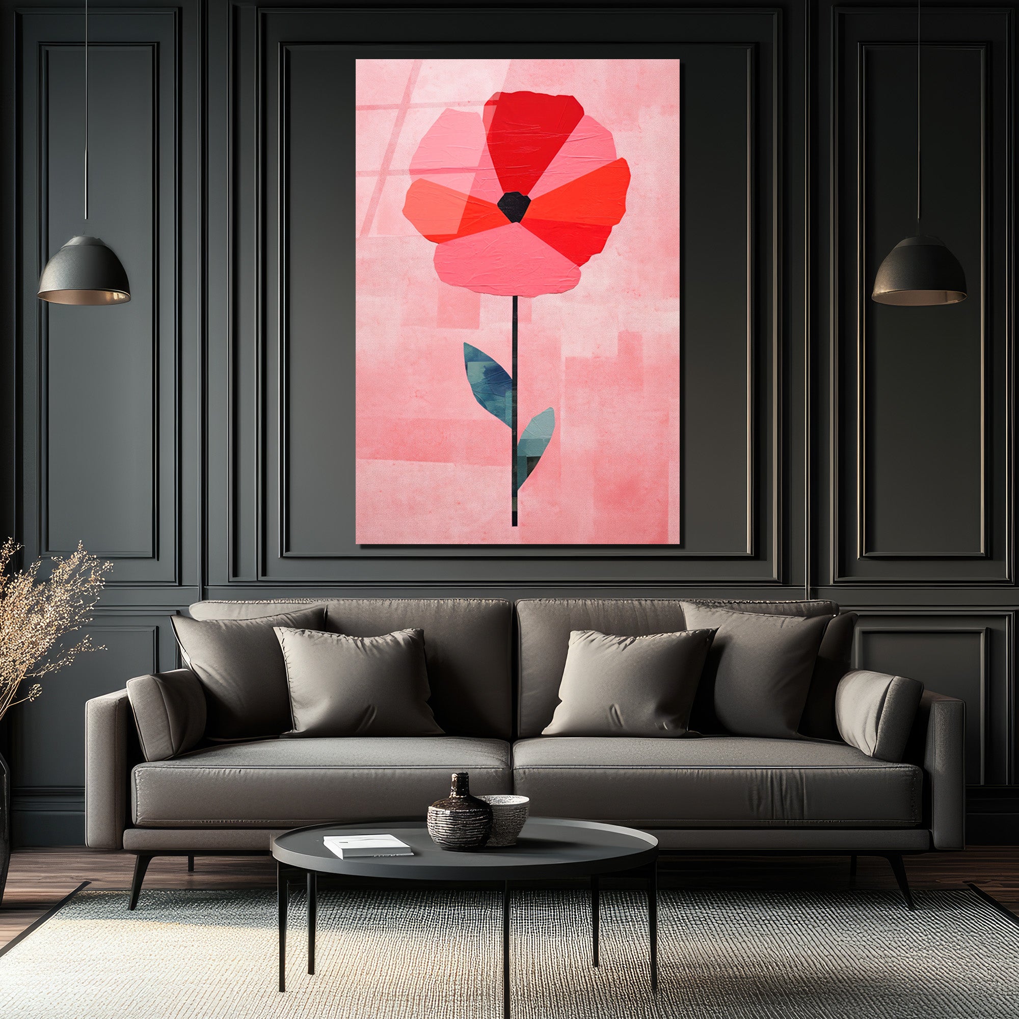 Modern Geometrik Gelincik Çiçeği Pembe Cam Tablo