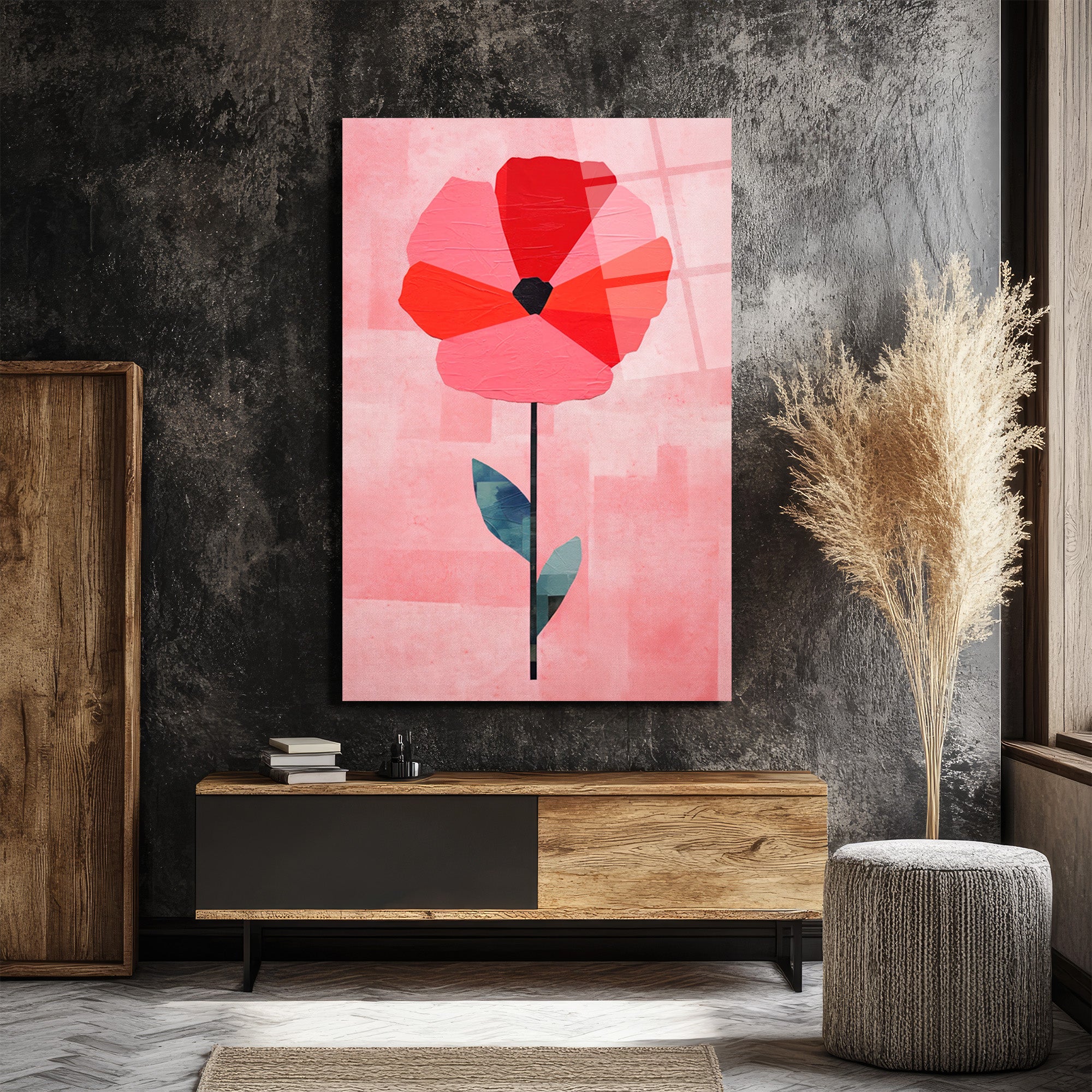 Modern Geometrik Gelincik Çiçeği Pembe Cam Tablo