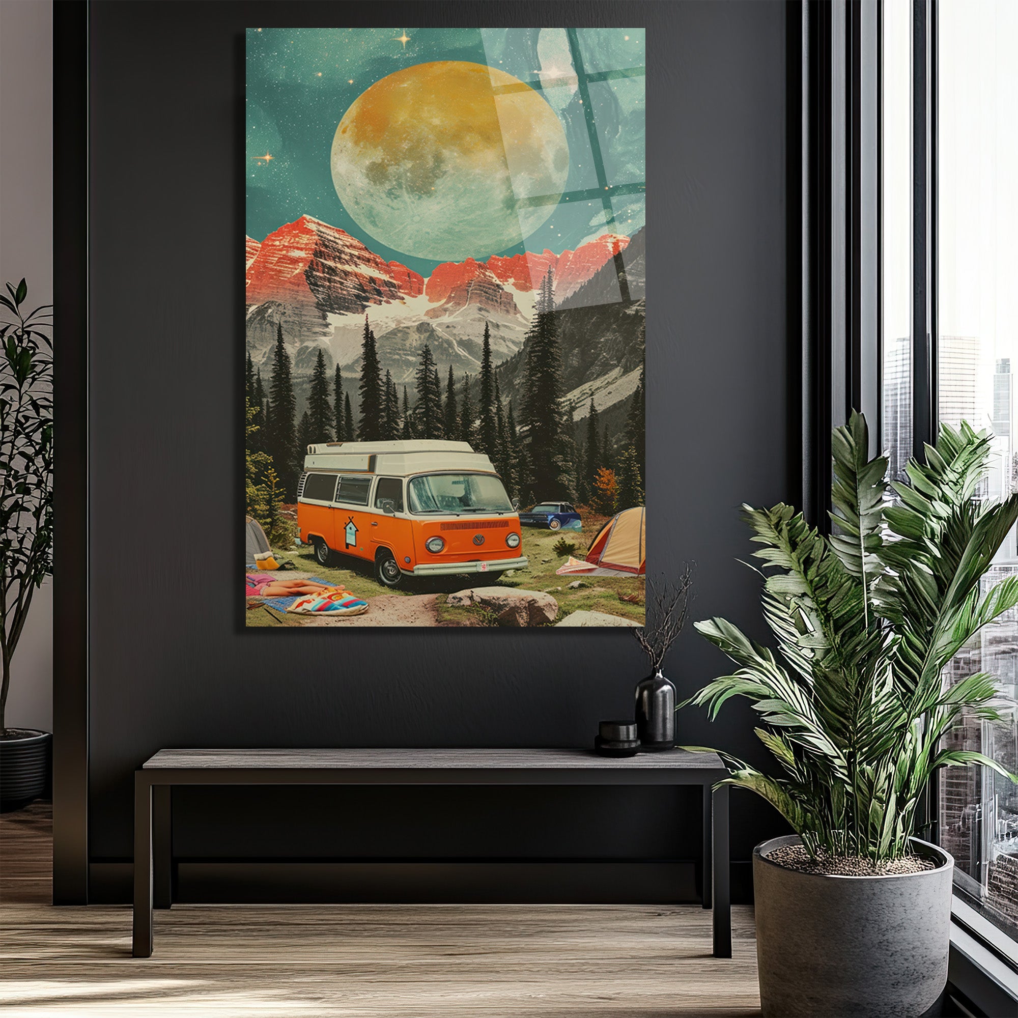 Dev Ay Altında Kamp Macerası Vintage Karavan Cam Tablo