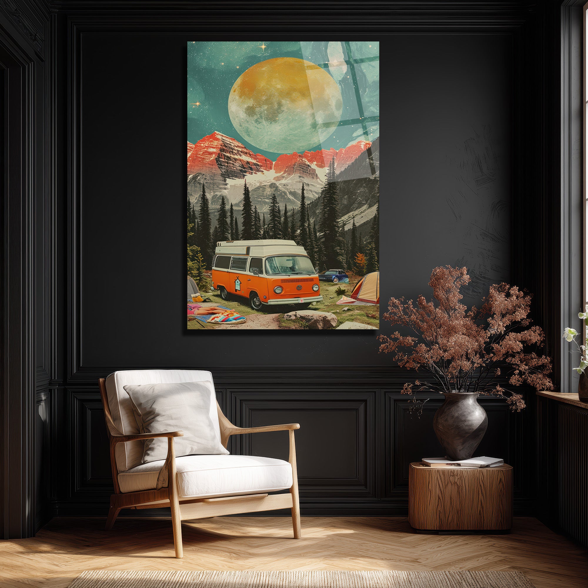Dev Ay Altında Kamp Macerası Vintage Karavan Cam Tablo