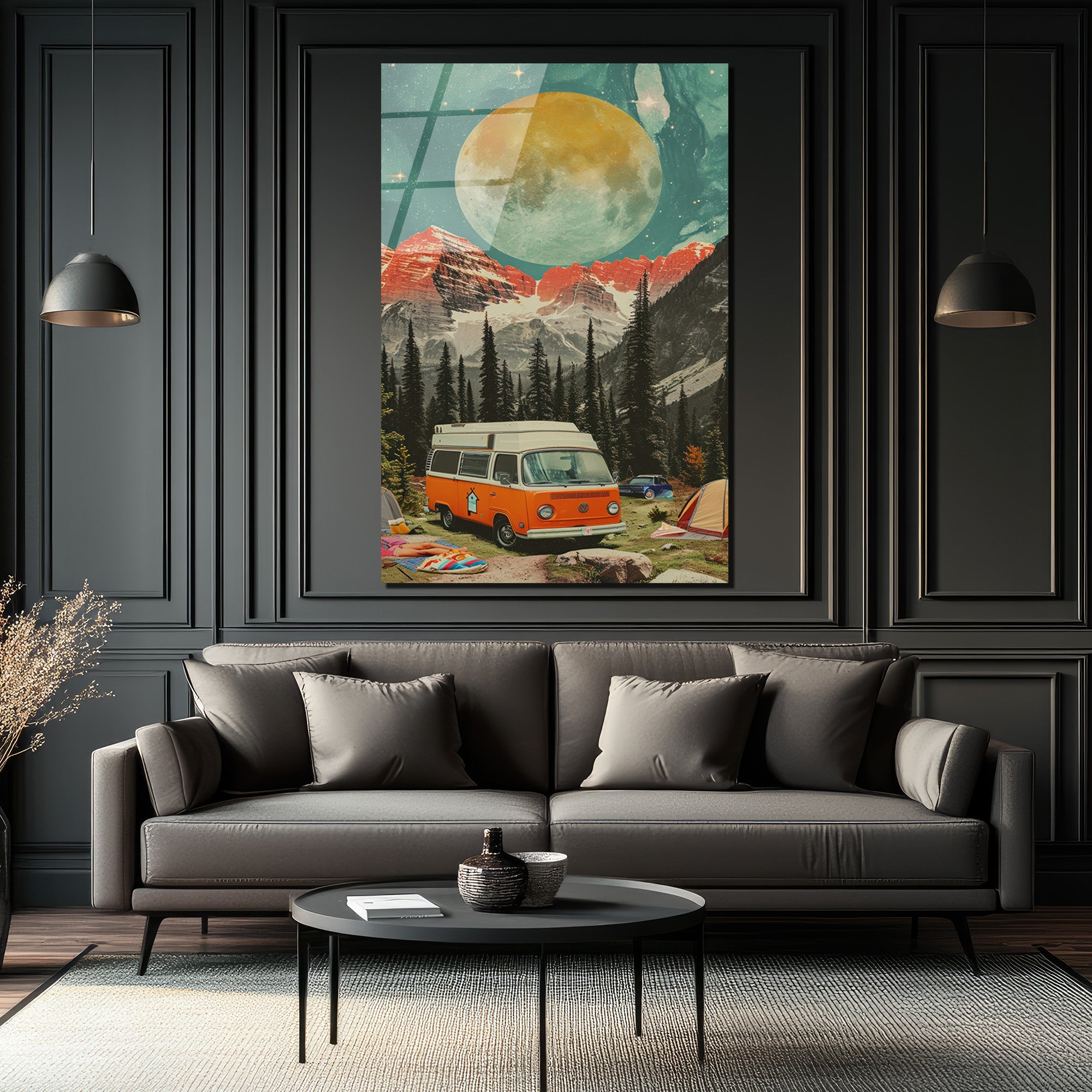 Dev Ay Altında Kamp Macerası Vintage Karavan Cam Tablo