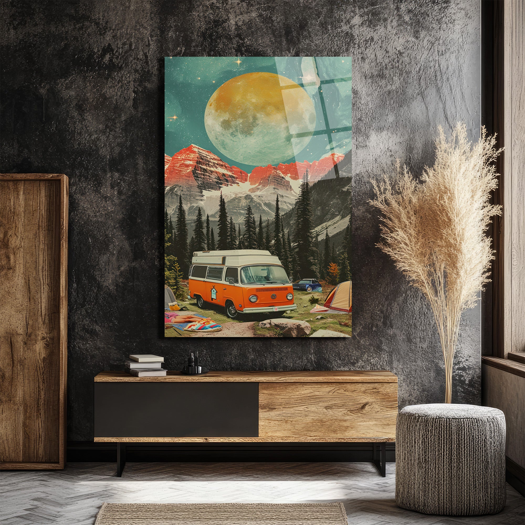 Dev Ay Altında Kamp Macerası Vintage Karavan Cam Tablo